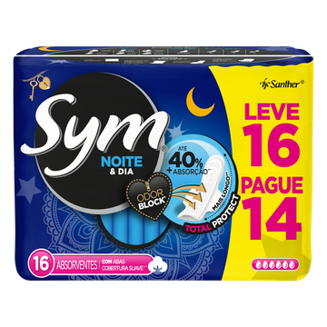 Absorvente Noite e Dia Suave Total Protect com Abas Sym Pacote C/16 Unidades - Embalagem Leve 16 Pague 14