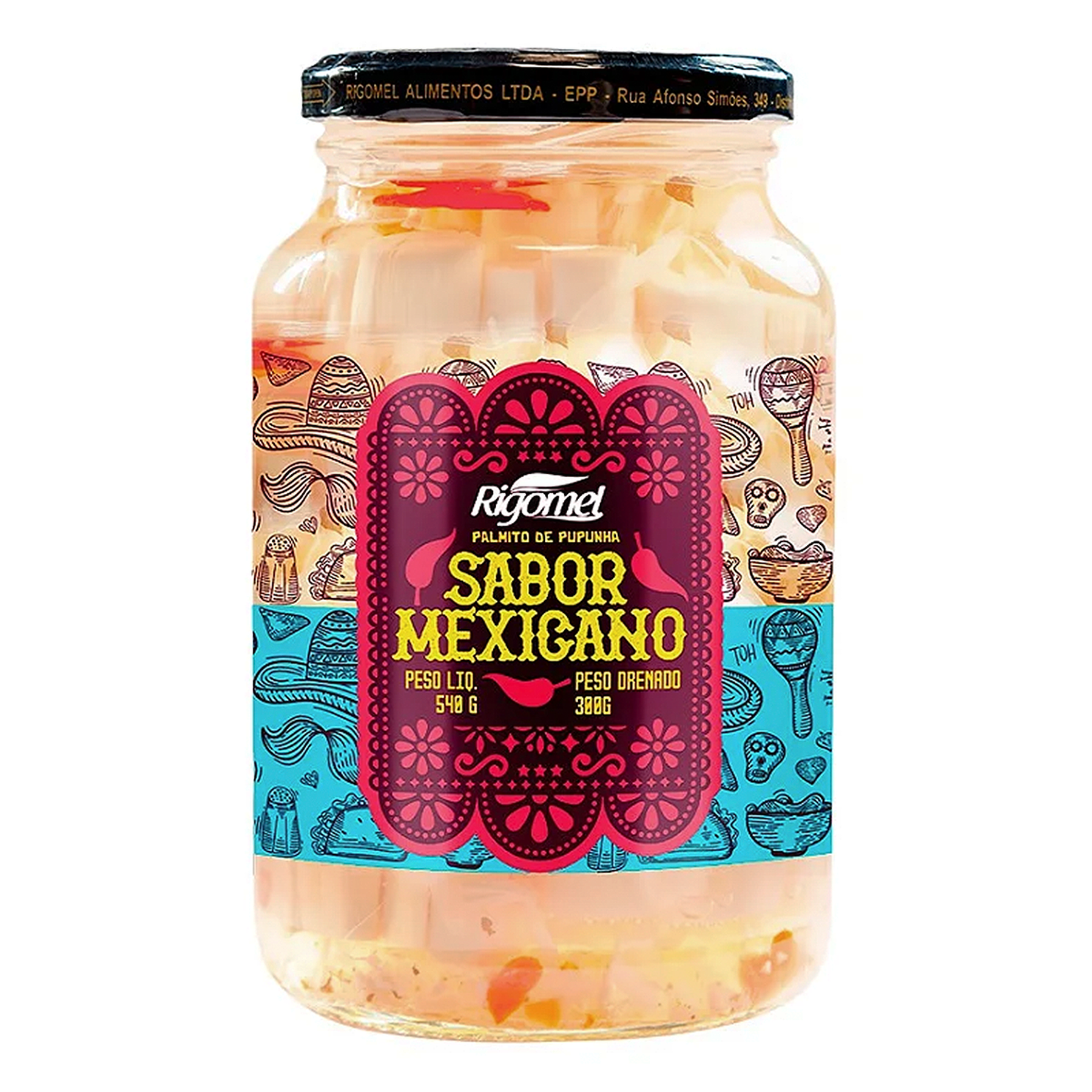 Palmito Pupunha Temperado Sabor Mexicano Pimenta Rigomel Vidro 300g