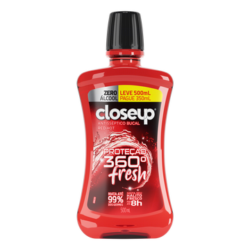Enxaguante Bucal Antisséptico Zero Álcool Red Hot Closeup Proteção 360° Fresh Frasco Leve 500ml Pague 350ml
