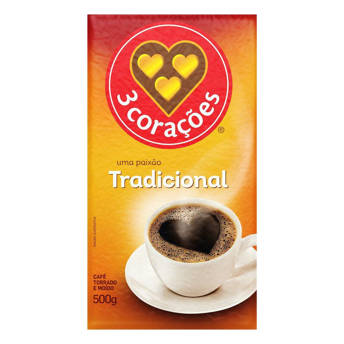 Caf&eacute; Torrado e Mo&iacute;do a V&aacute;cuo Tradicional 3 Cora&ccedil;&otilde;es Pacote 500g