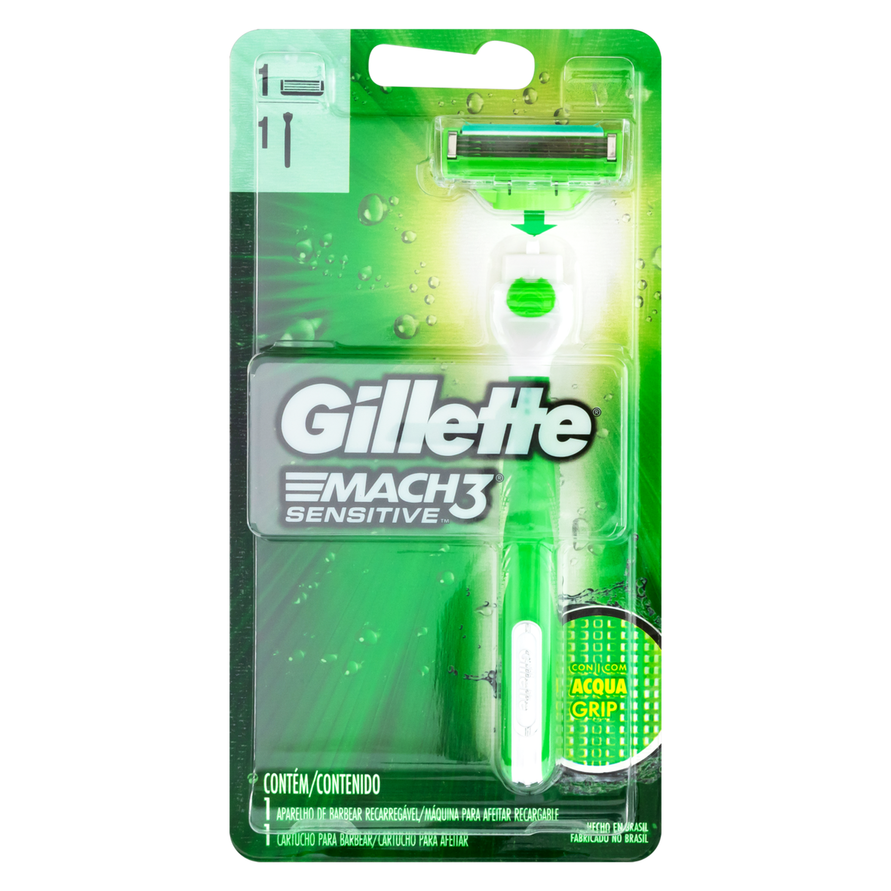 Aparelho Recarregável e Carga para Barbear Acqua Grip Gillette Mach3 Sensitive