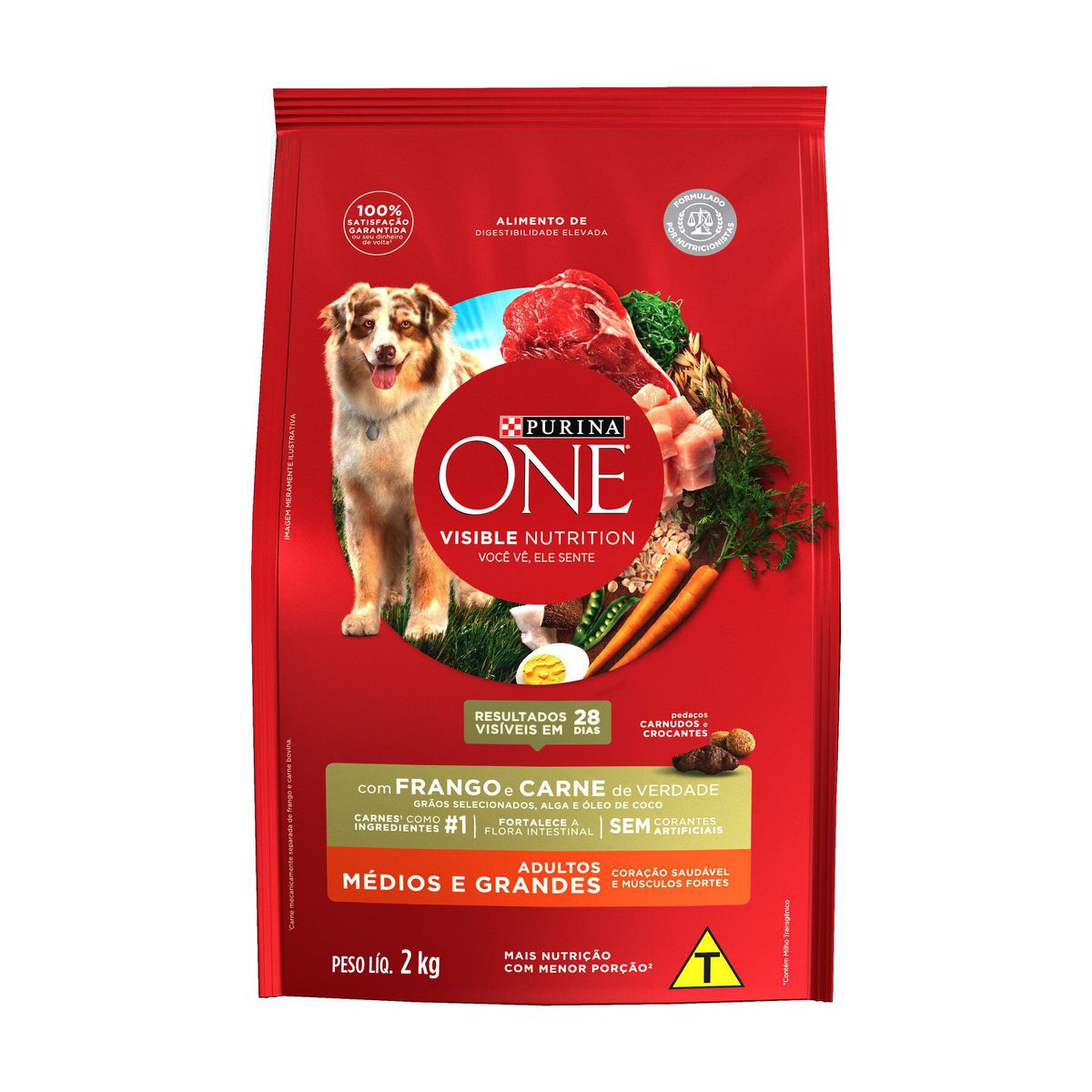 Alimento para Cães Adultos Raças Médias e Grandes Frango e Carne Purina One Visible Nutrition Pacote 2kg
