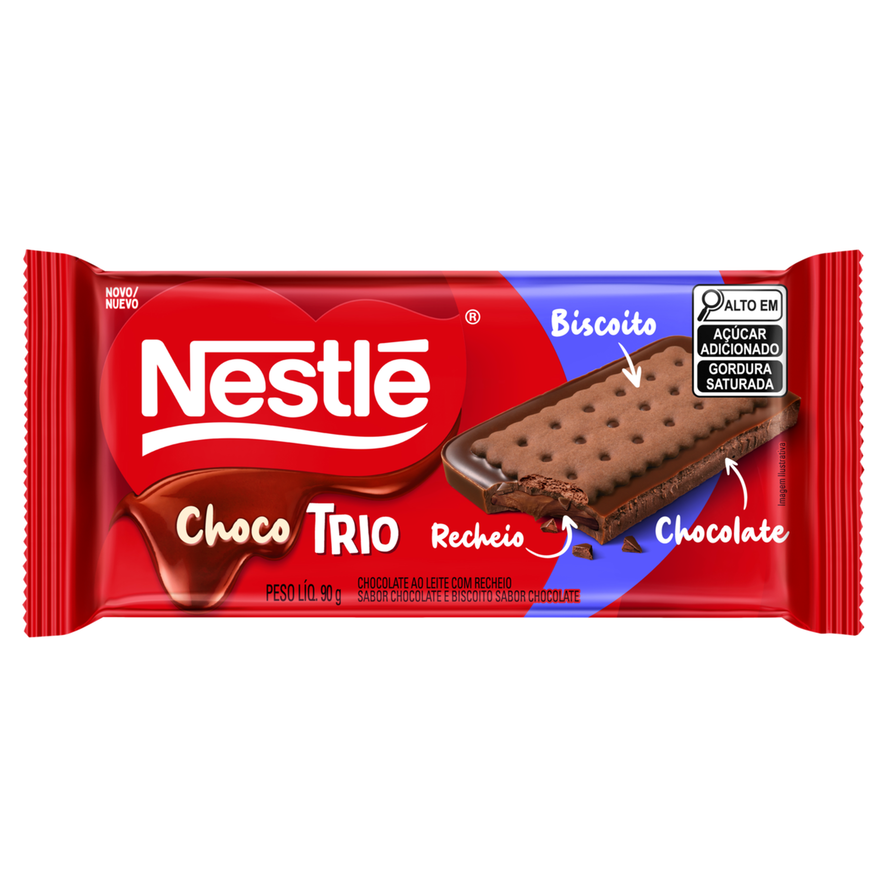 Chocolate ao Leite Recheio Chocolate e Biscoito de Chocolate ChocoTrio Nestlé Pacote 90g