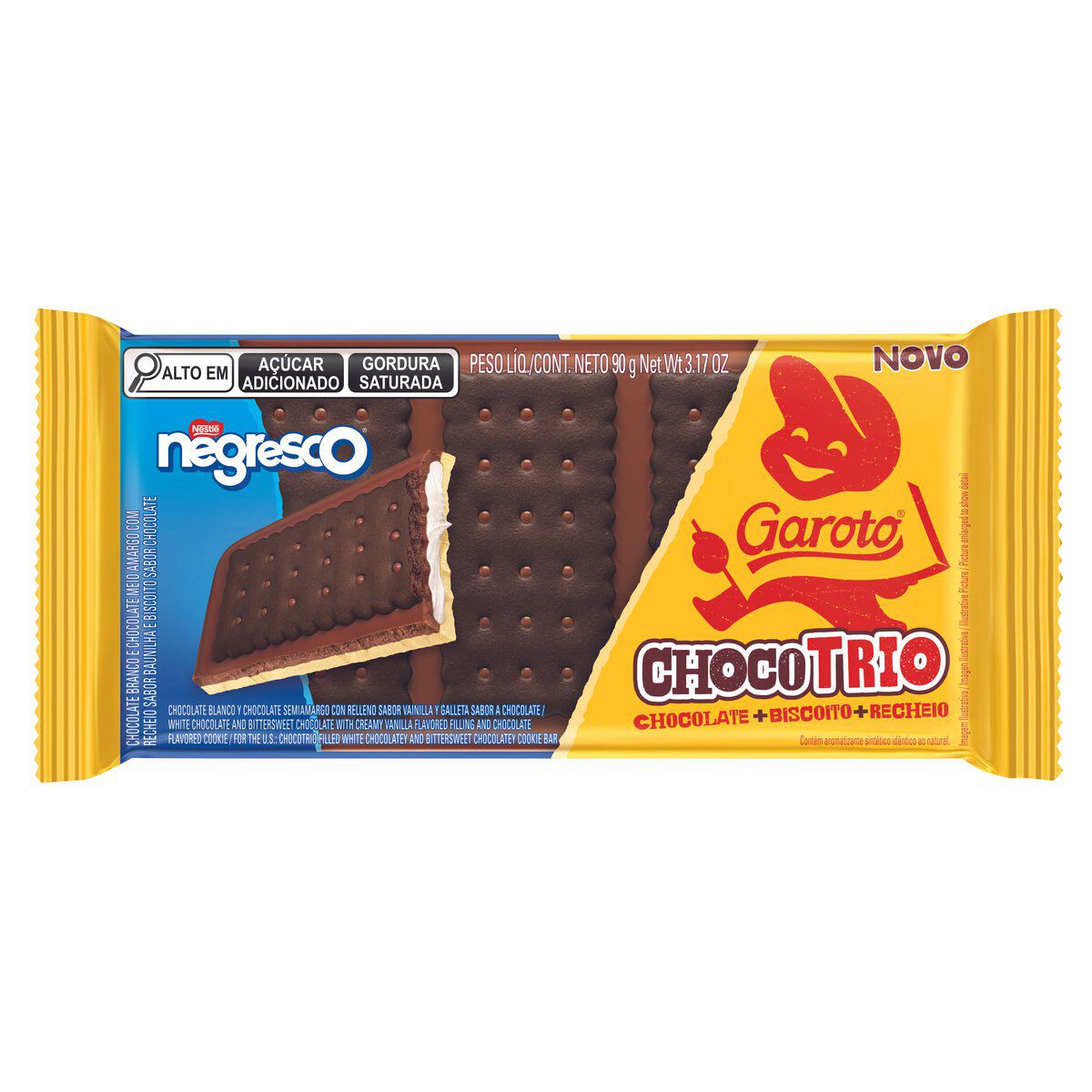 Barra de Chocolate Branco e Meio Amargo Recheio Baunilha Negresco ChocoTrio Garoto Pacote 90g