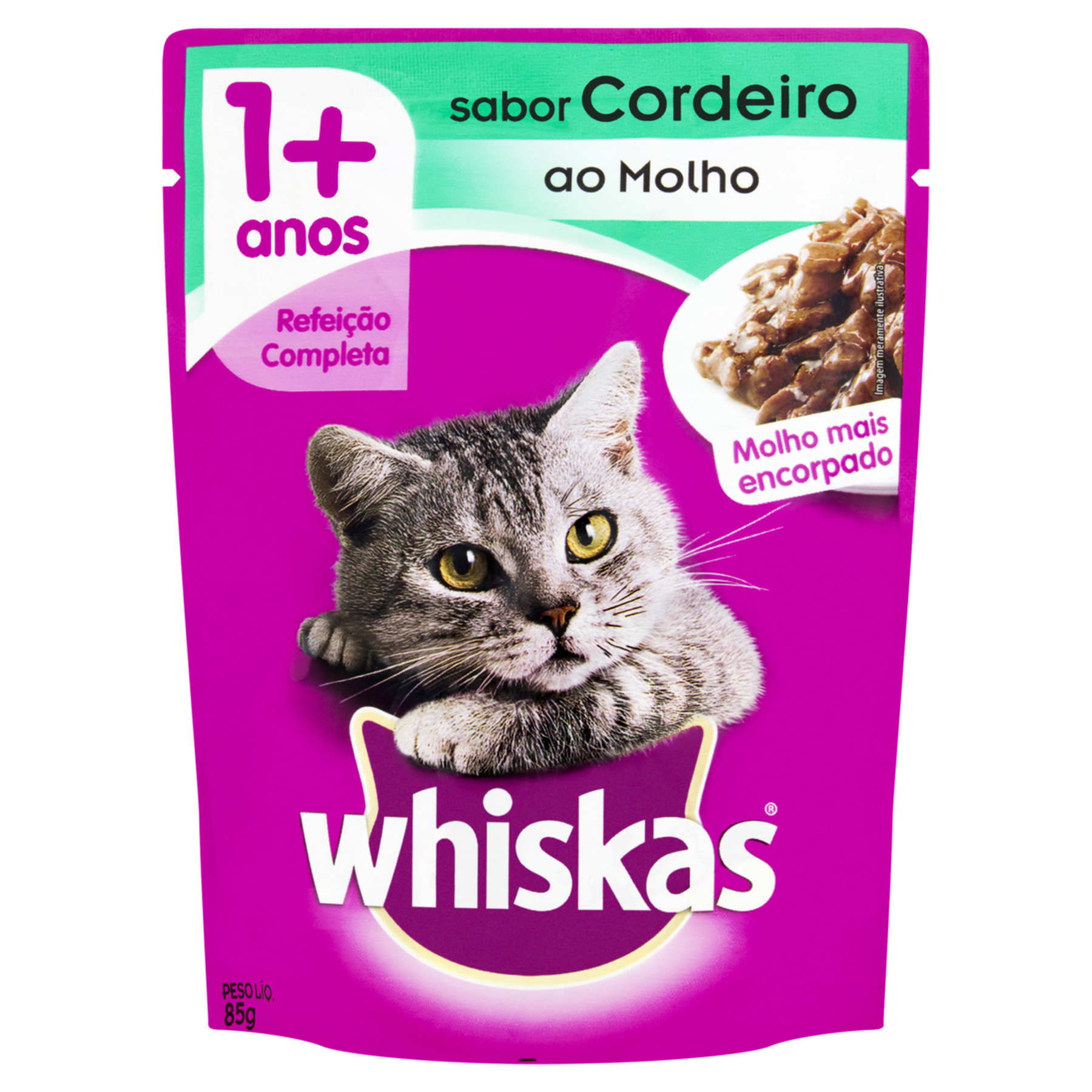 Alimento para Gatos Adultos 1+ Cordeiro ao Molho Whiskas Sachê 85g 