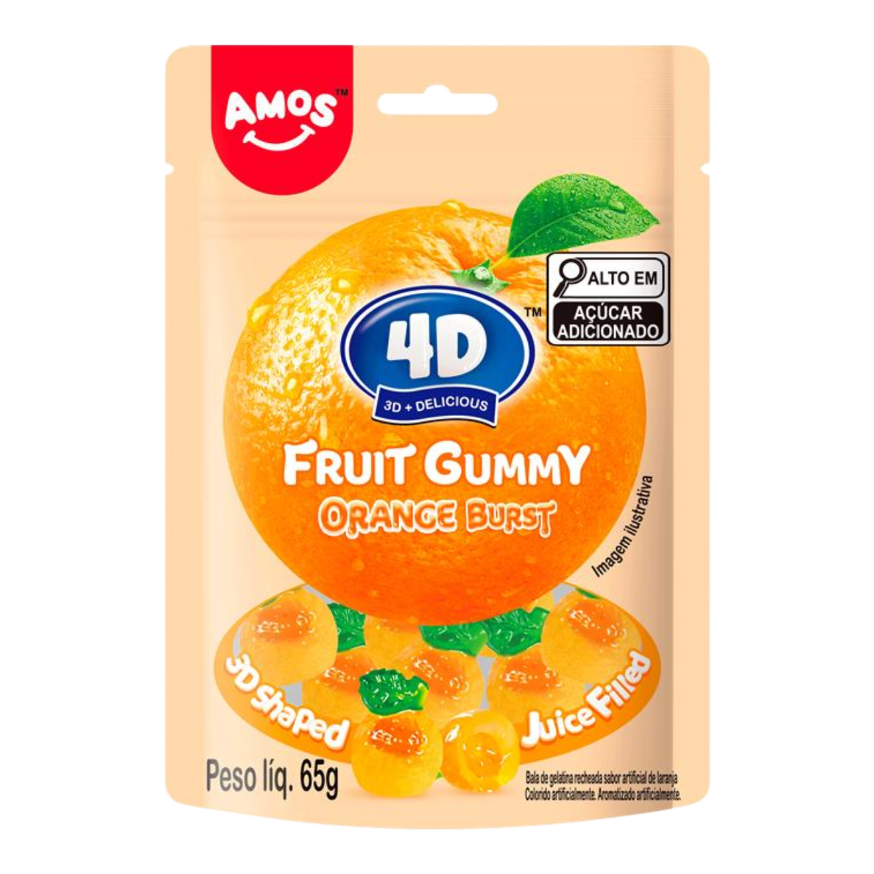 Bala de Gelatina 4D Laranja Fruit Gummy Amos Pacote 65g