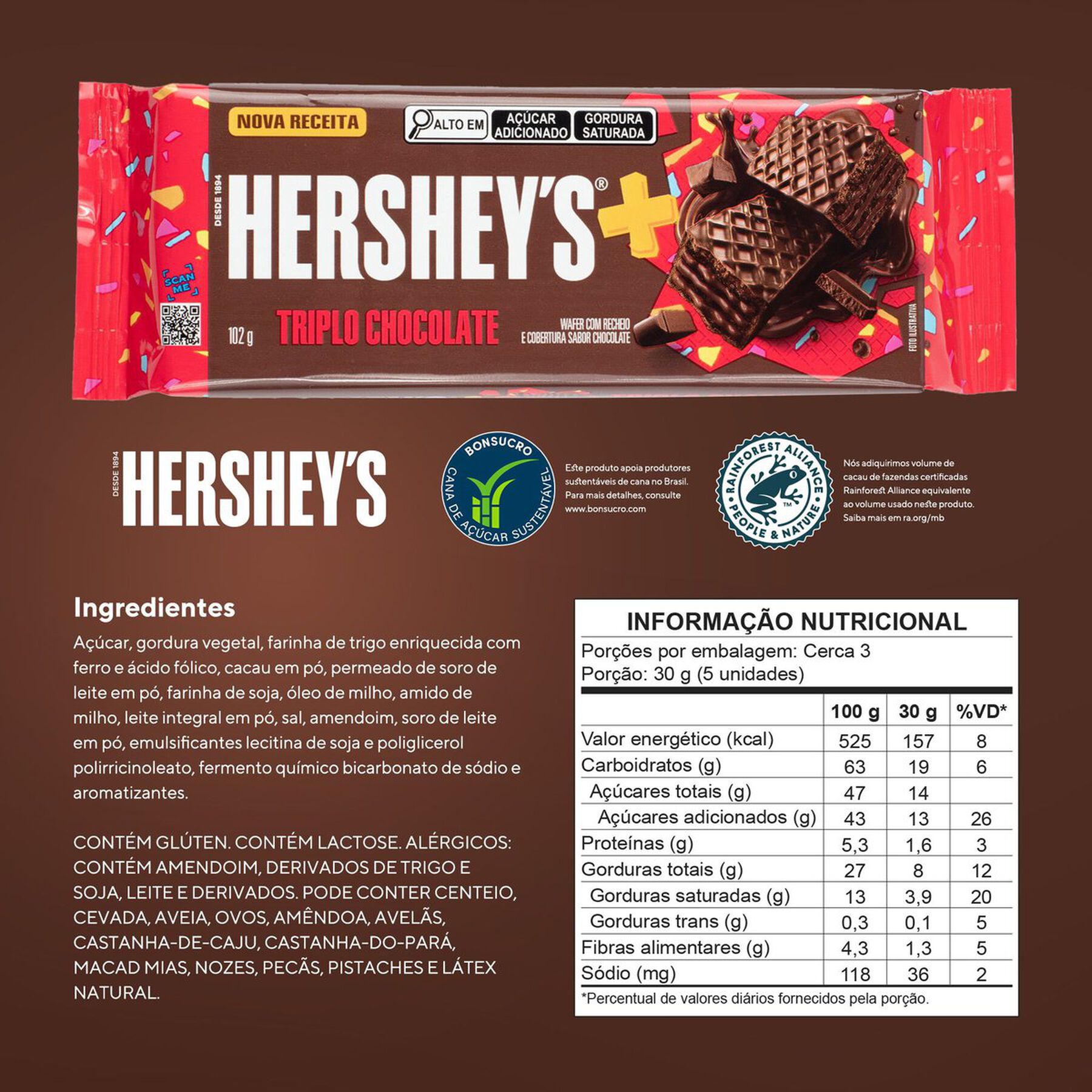 Wafer Recheio E Cobertura Triplo Chocolate Hershey's Mais 102g