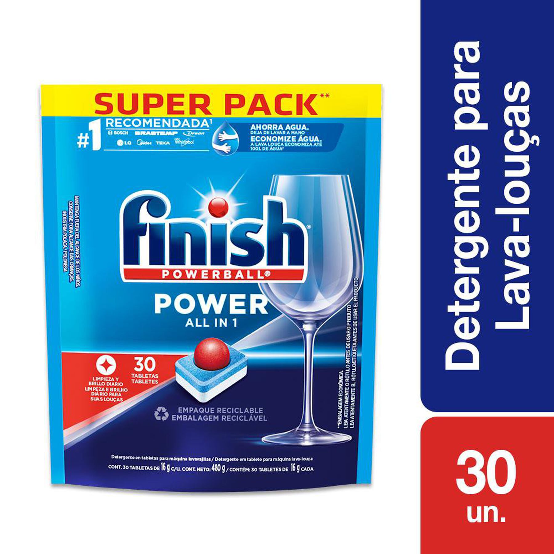 Detergente Tablete para Máquina de Lavar Louças Finish Powerball All In 1 Sachê 480g C/30 Unidades - Embalagem Econômica