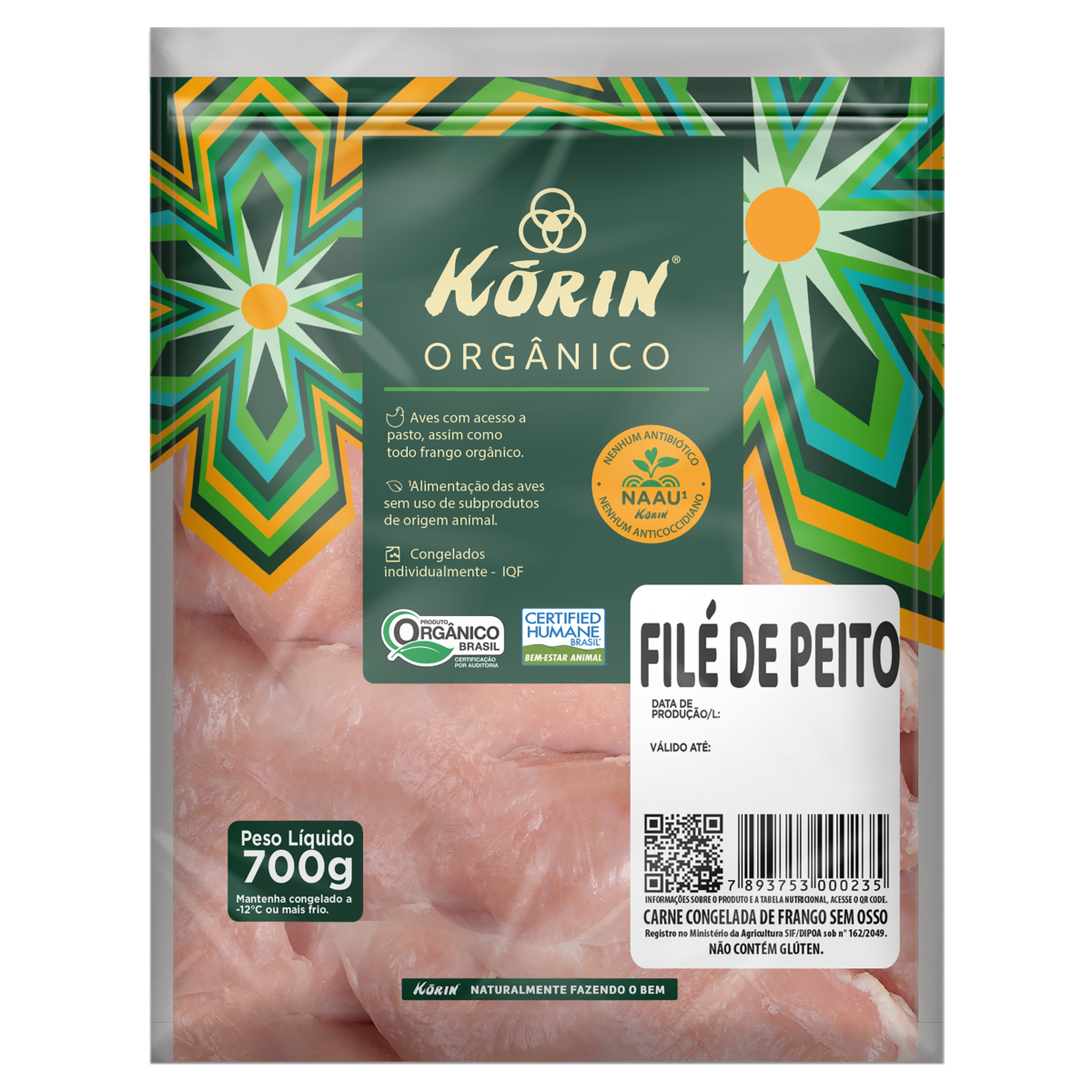 Fil&eacute; de Peito de Frango Congelado sem Osso Korin Org&acirc;nico 700g