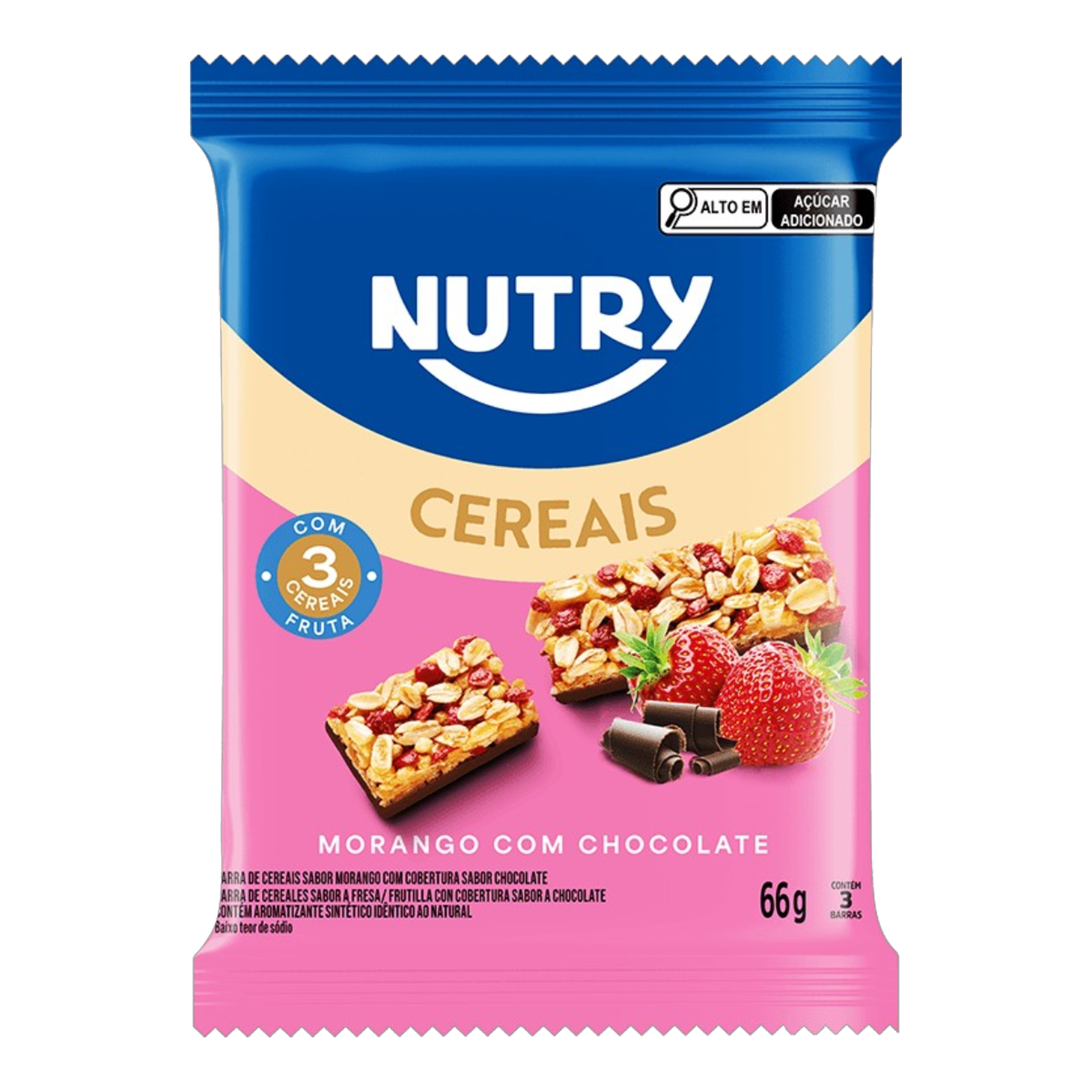 Pack Barra Cereal Morango Cobertura Chocolate Nutry Pacote 66g 3 Unidades