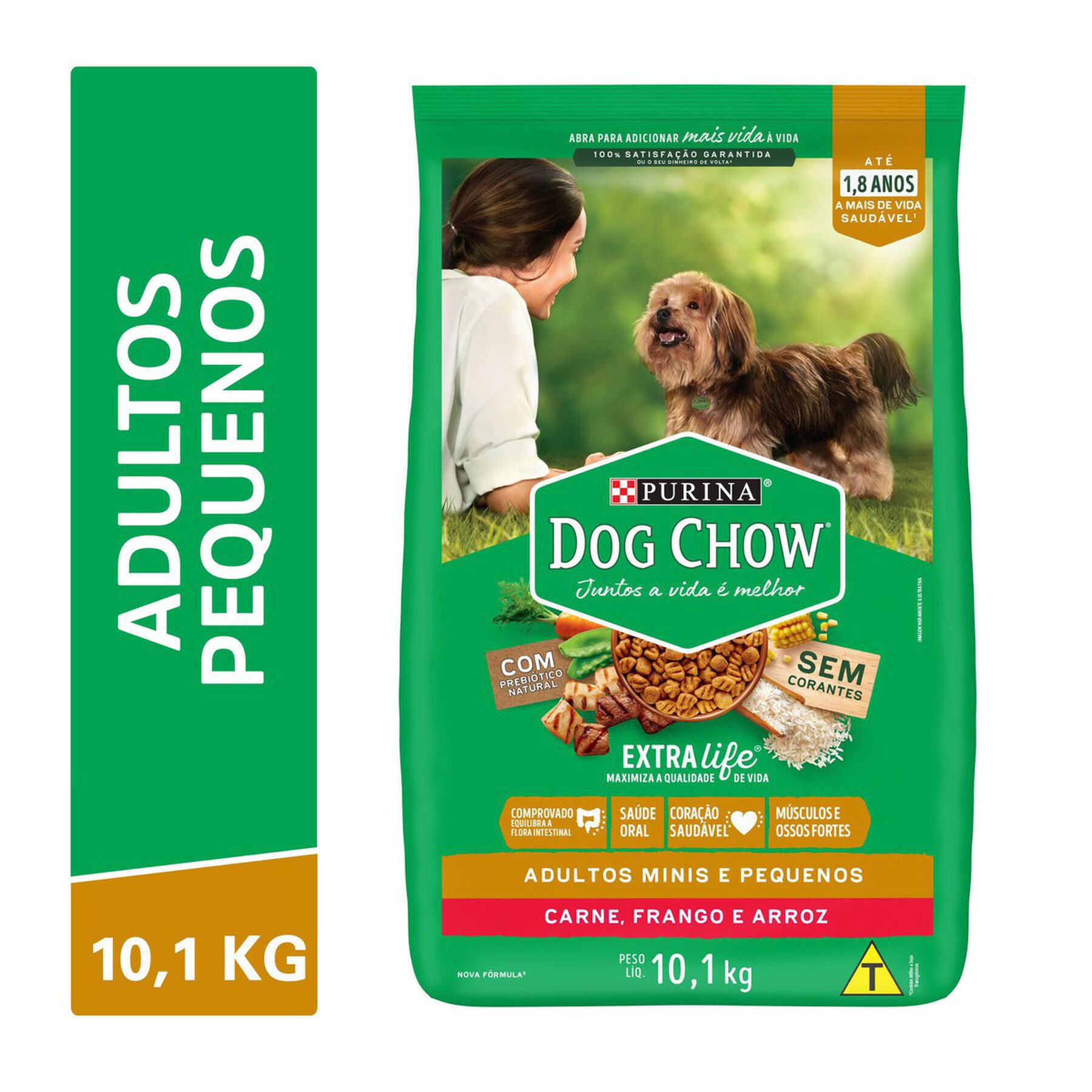 Alimento para Cães Adultos Raças Minis e Pequenas Carne, Frango e Arroz Purina Dog Chow Extra Life Pacote 10,1kg