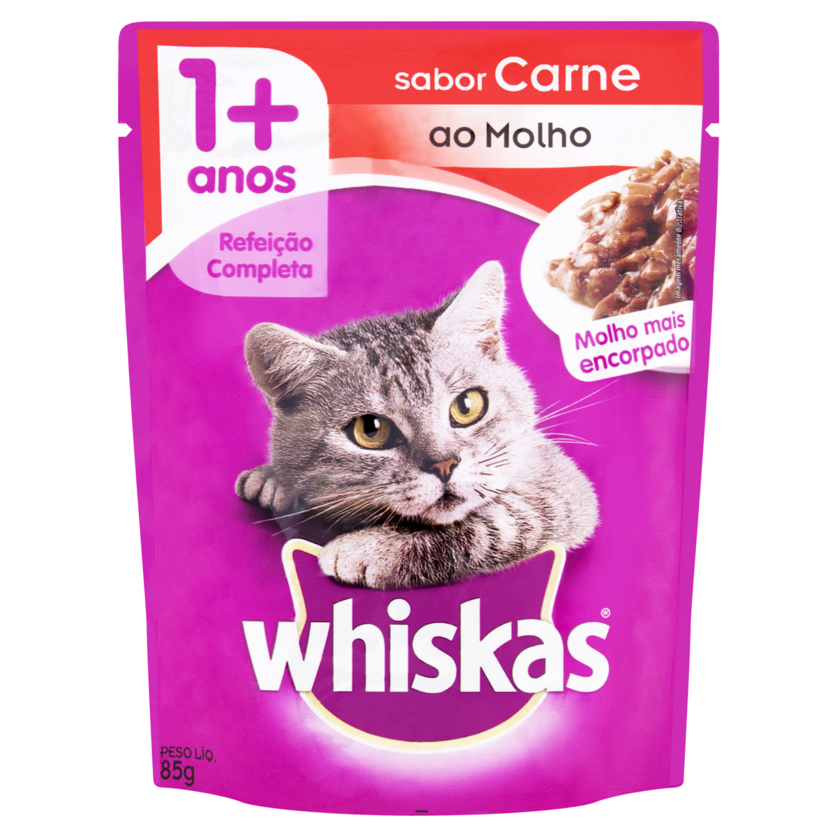 Alimento para Gatos Adultos 1+ Carne ao Molho Whiskas Sach&ecirc; 85g&nbsp;