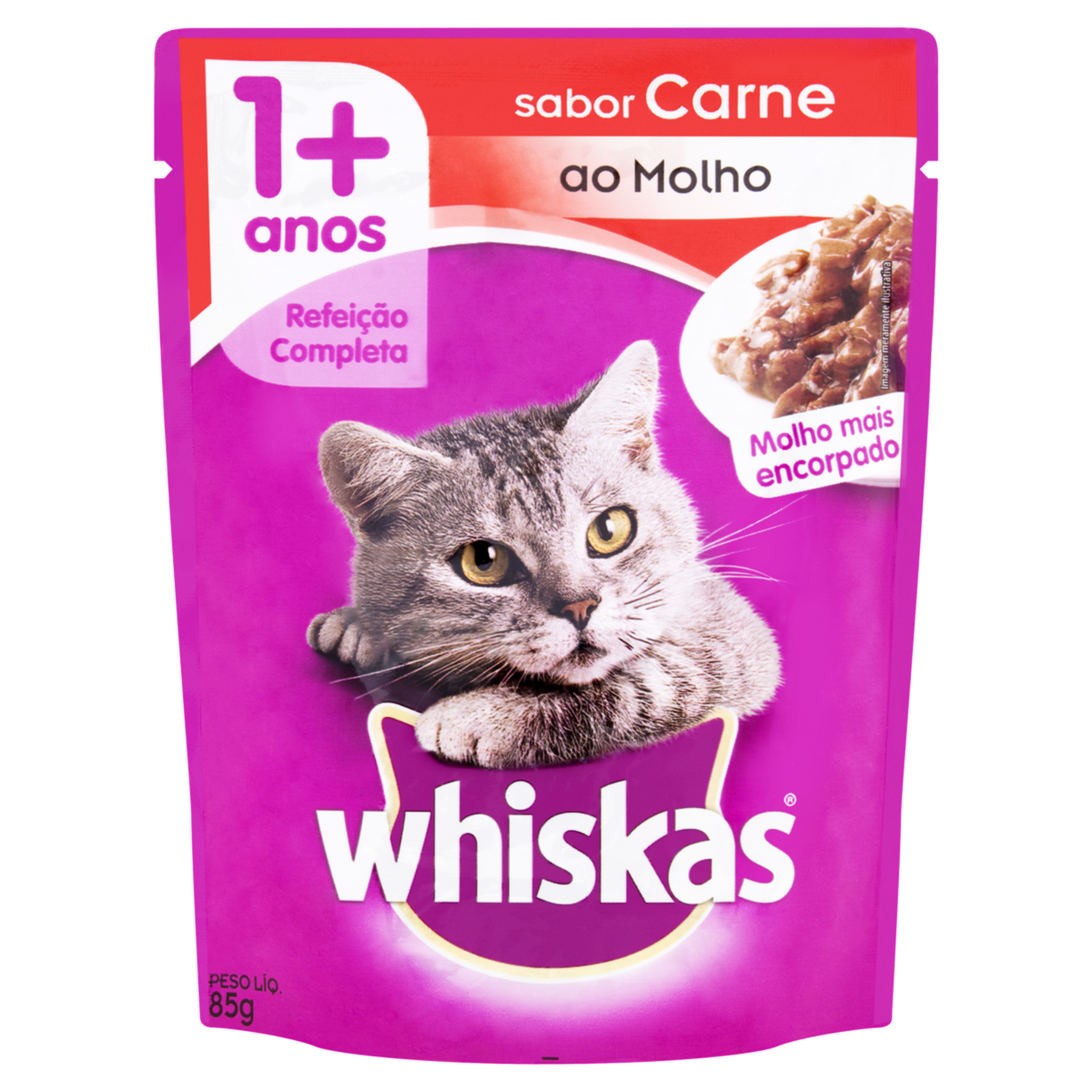 Alimento para Gatos Adultos 1+ Carne ao Molho Whiskas Sachê 85g 