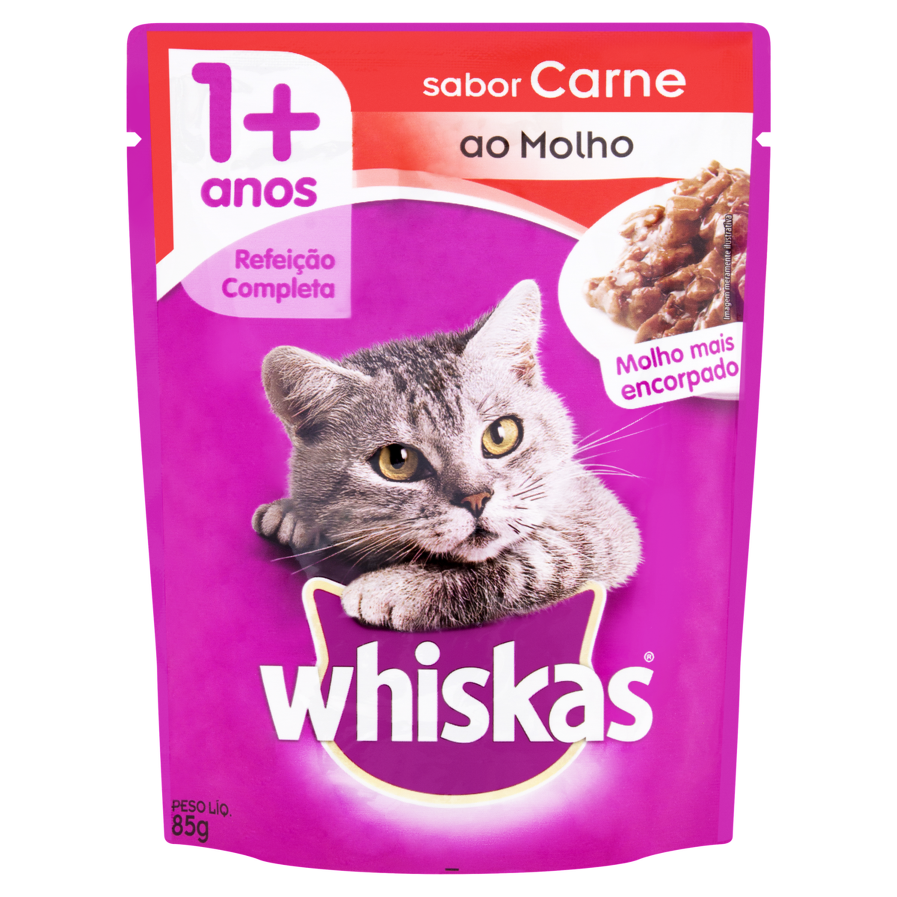 Alimento para Gatos Adultos 1+ Carne ao Molho Whiskas Sachê 85g 