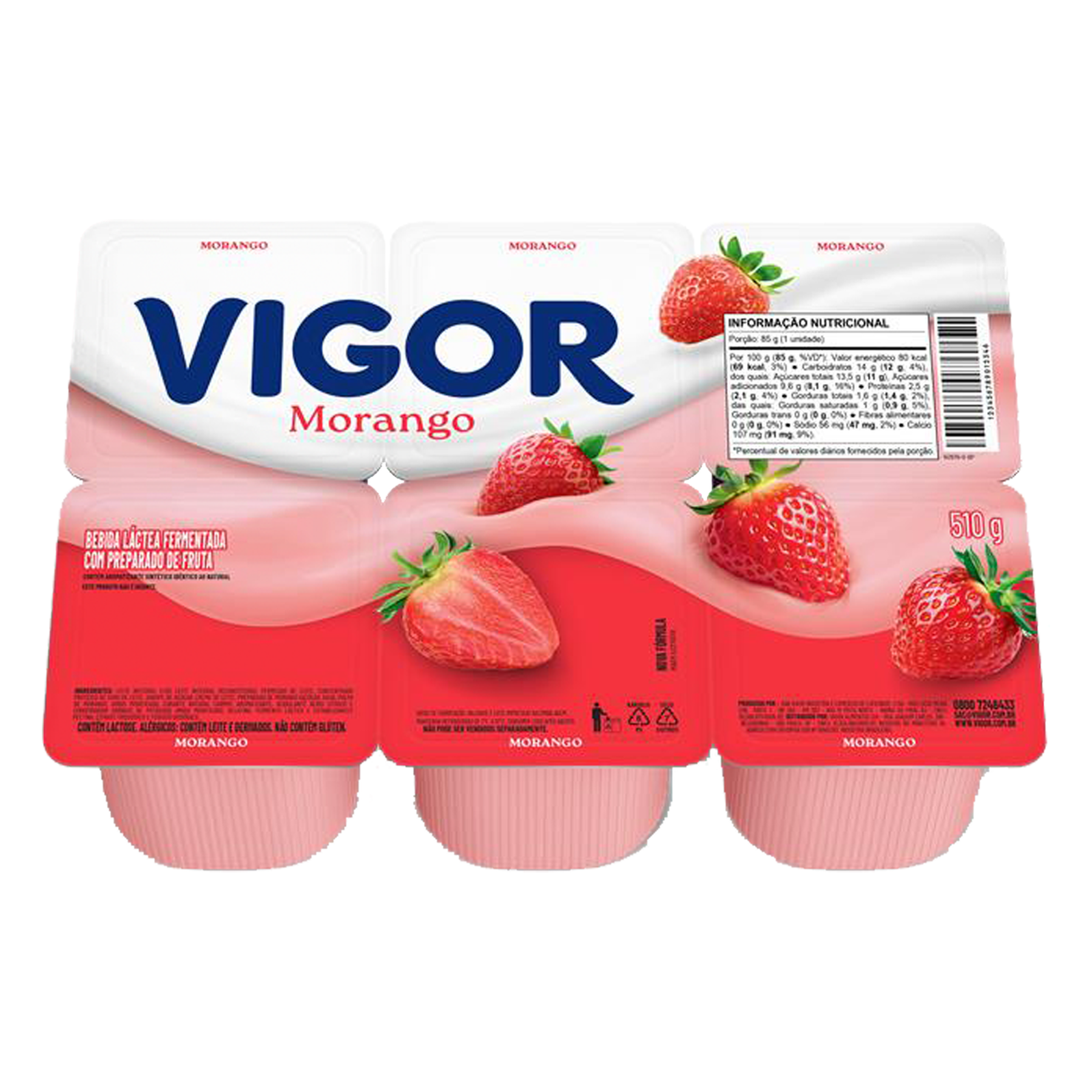 Bebida L&aacute;ctea Fermentada Morango Vigor Todo Dia Bandeja 510g C/6 Unidades