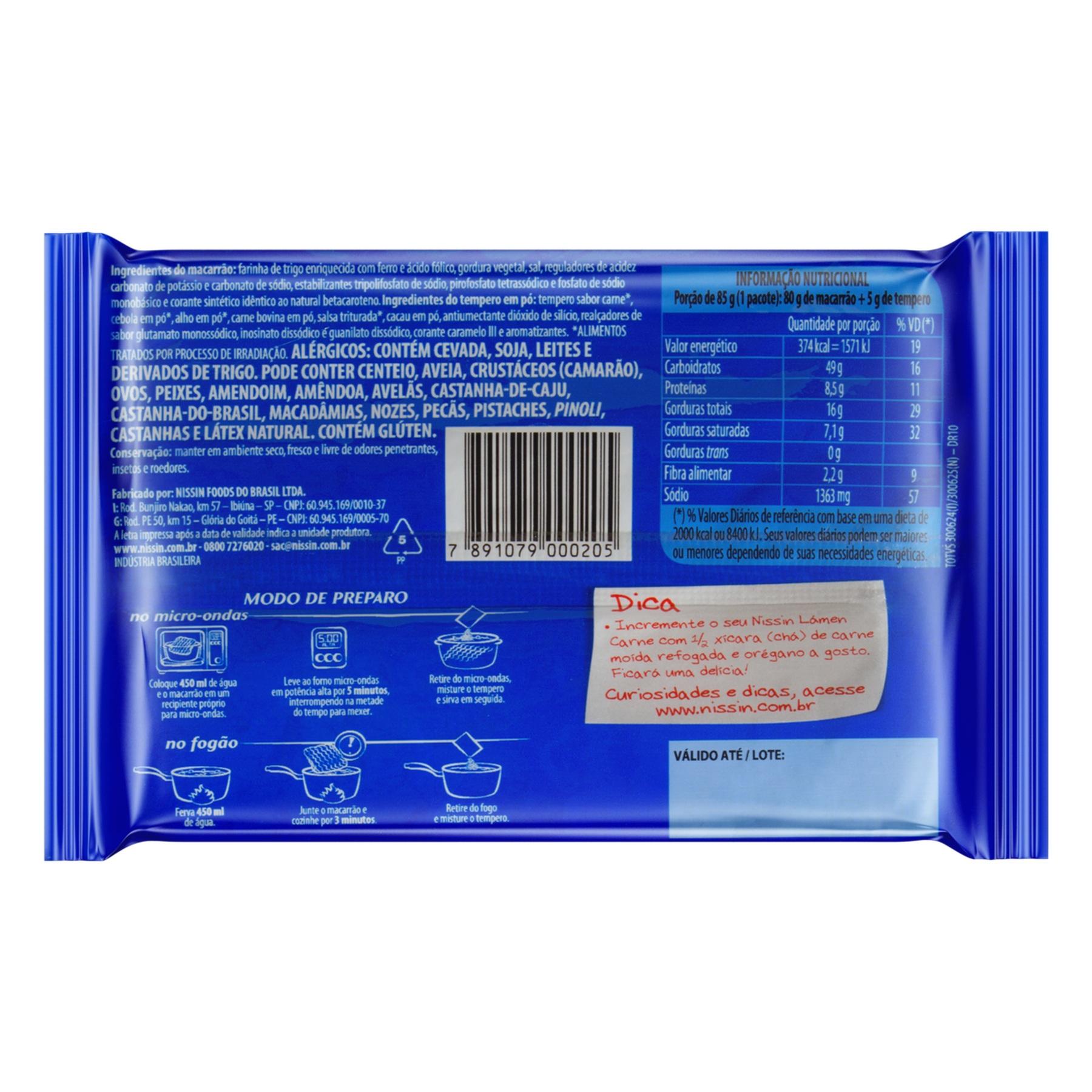 Macarr&atilde;o Instant&acirc;neo L&aacute;men Carne Nissin Miojo Pacote 85g