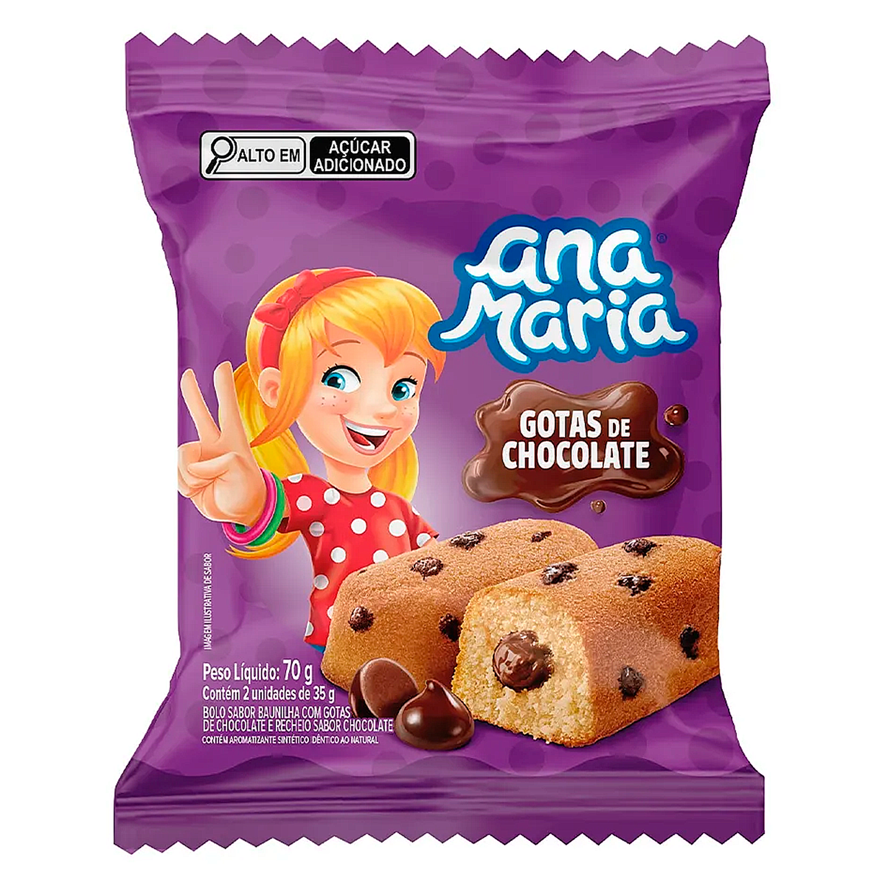 Bolinho Baunilha com Gotas de Chocolate Recheio Chocolate Ana Maria Pacote 70g