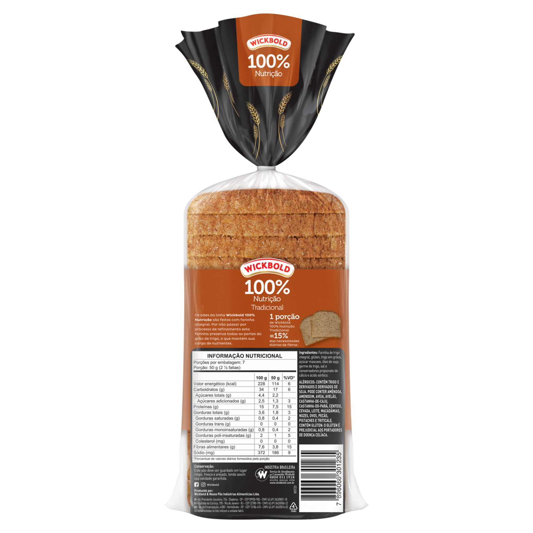 Pão de Forma Integral Tradicional 100% Nutrição Wickbold Pacote 400g