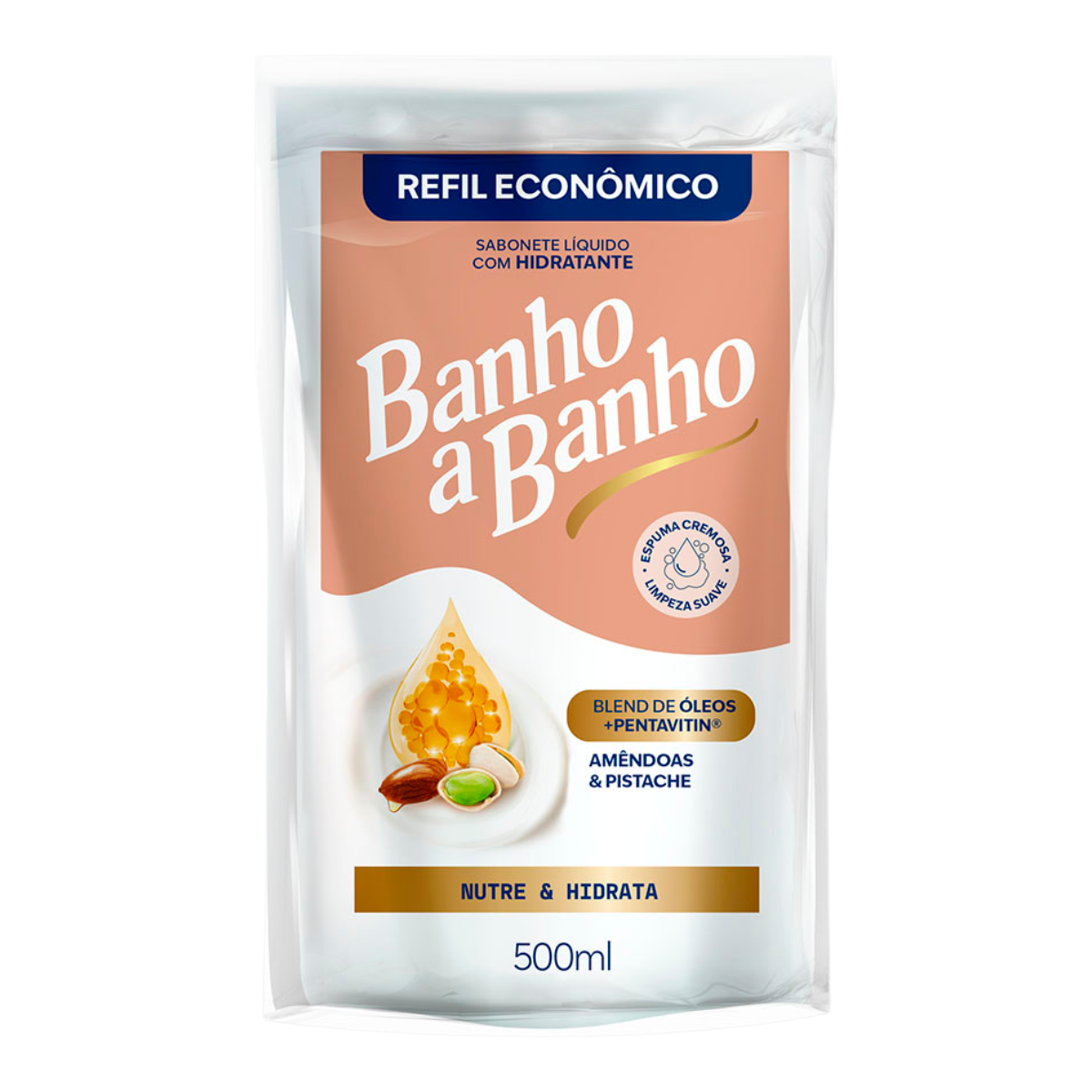 Sabonete L&iacute;quido Hidratante Am&ecirc;ndoas e Pistache Banho a Banho Sach&ecirc; 500ml - Refil Econ&ocirc;mico