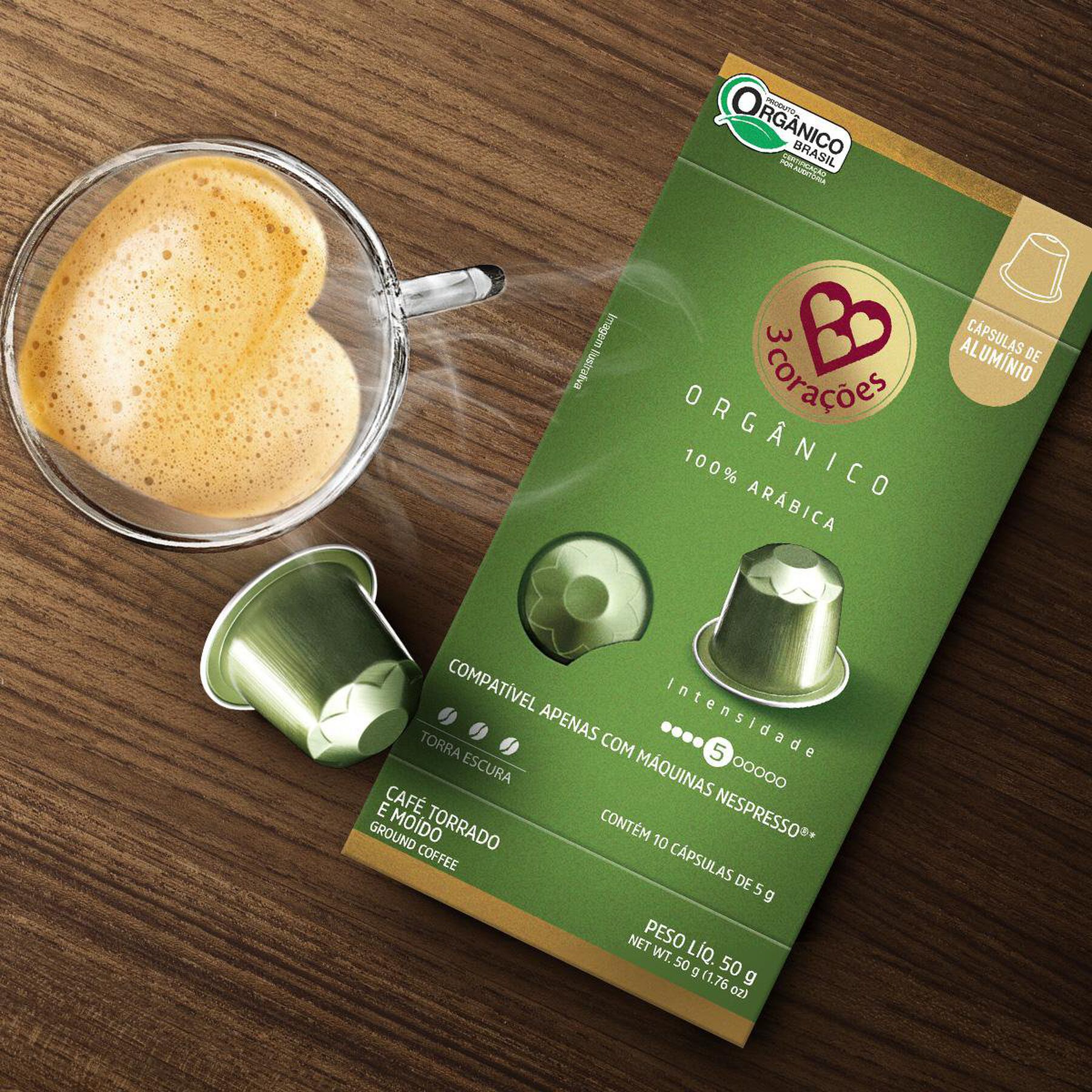 Café em Cápsula Torrado e Moído Orgânico 3 Corações Caixa 50g C/10 Unidades