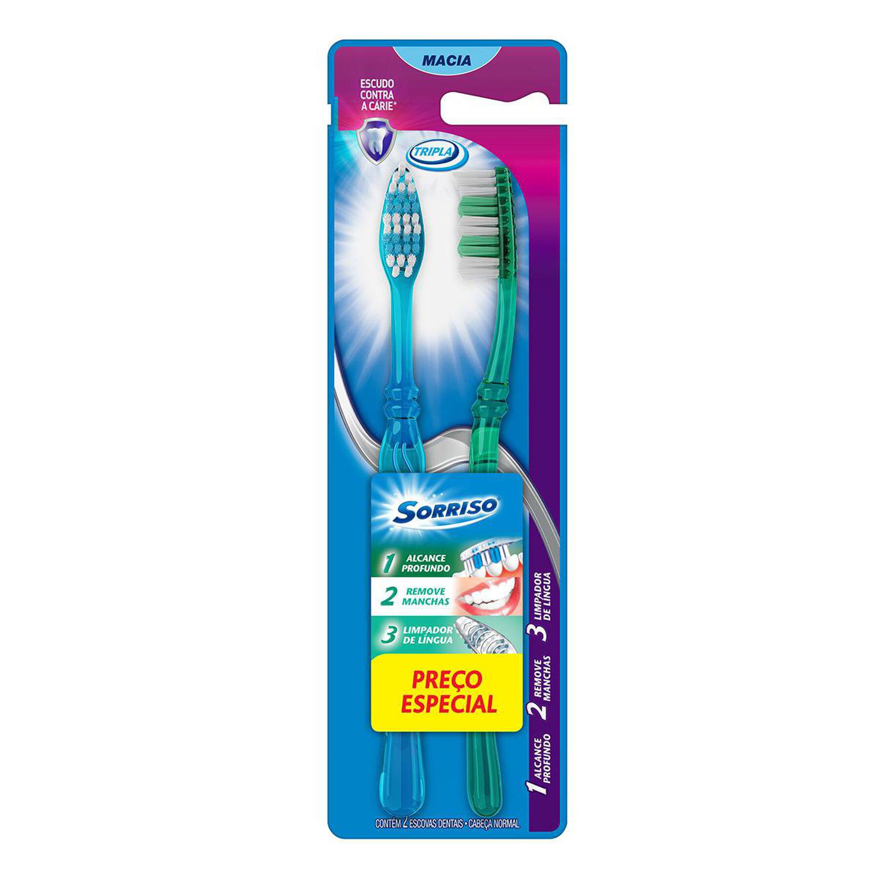 Escova Dental Macia Tripla Sorriso C/2 Unidades - Embalagem Pre&ccedil;o Especial