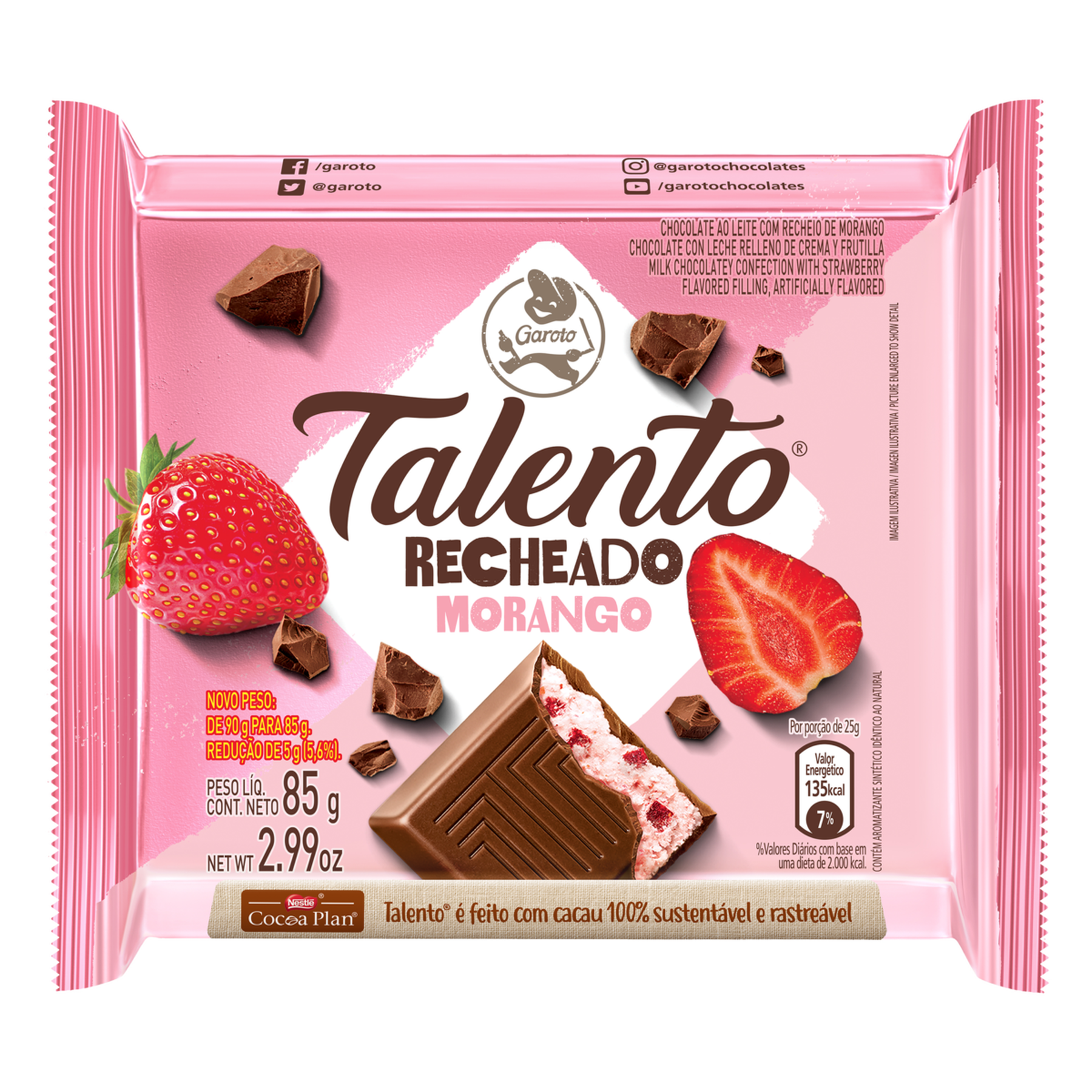 Chocolate ao Leite Recheio Morango Garoto Talento Pacote 85g