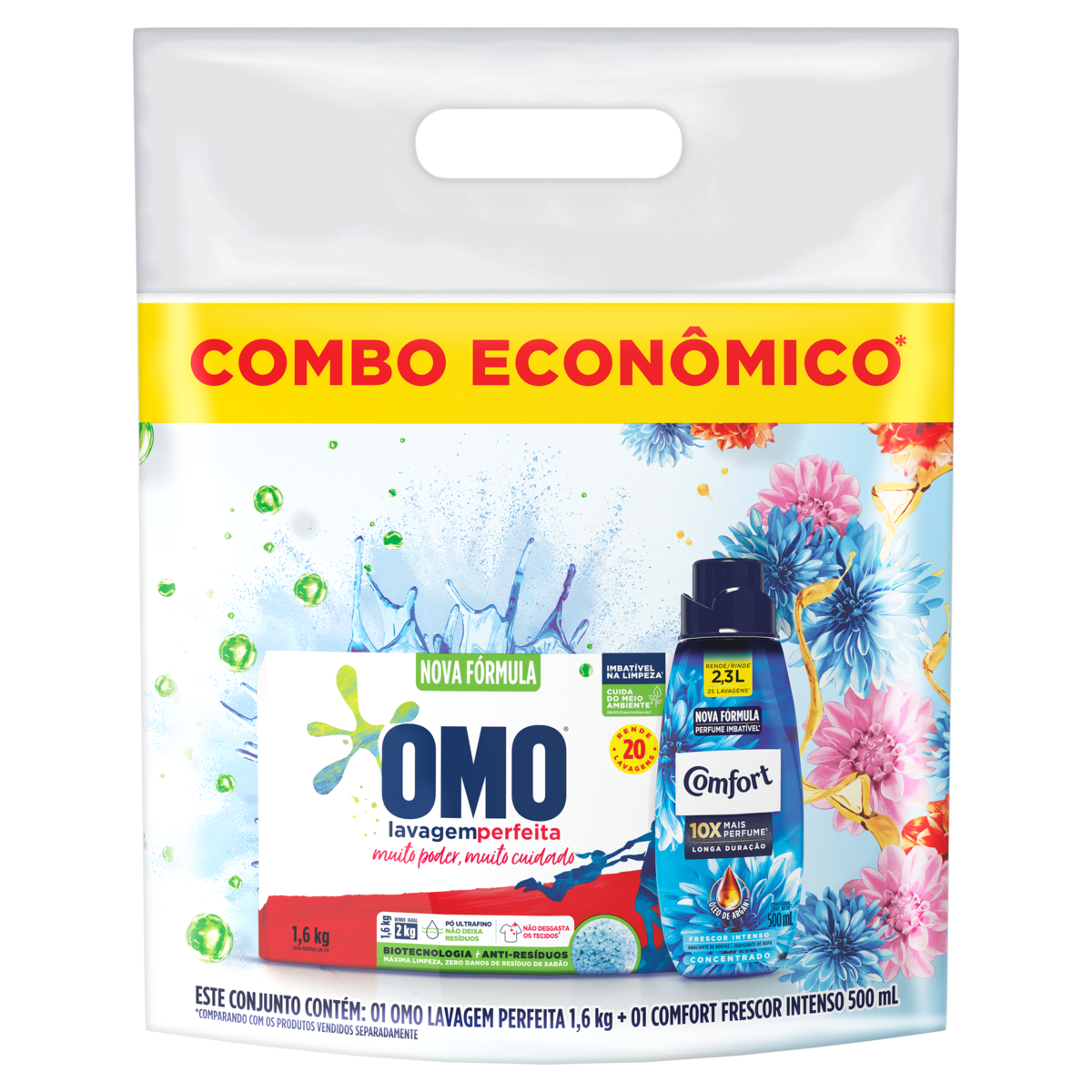 Sab&atilde;o em P&oacute; Lavagem Perfeita Omo Caixa 1,6kg + Amaciante Concentrado Frescor Intenso Comfort 500ml - Embalagem Combo Econ&ocirc;mico