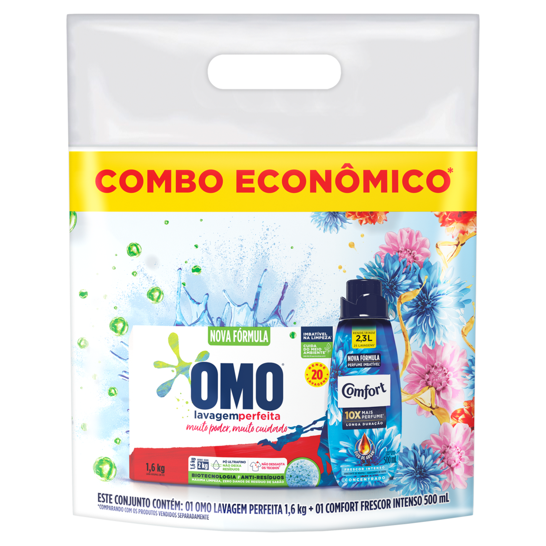 Sab&atilde;o em P&oacute; Lavagem Perfeita Omo Caixa 1,6kg + Amaciante Concentrado Frescor Intenso Comfort 500ml - Embalagem Combo Econ&ocirc;mico