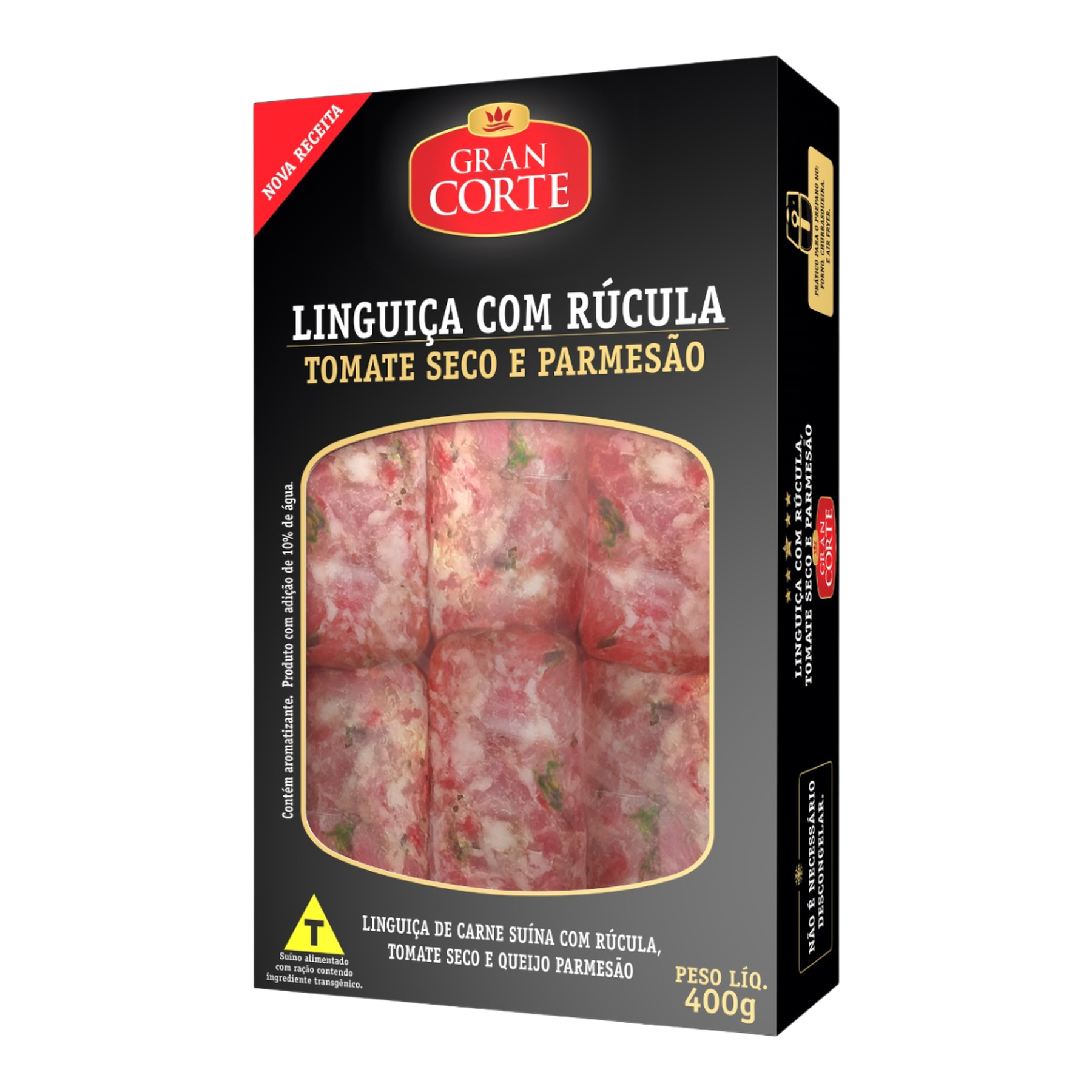 Linguica Su&iacute;na com R&uacute;cula, Tomate Seco e Parmes&atilde;o Gran Corte Pacote 400g