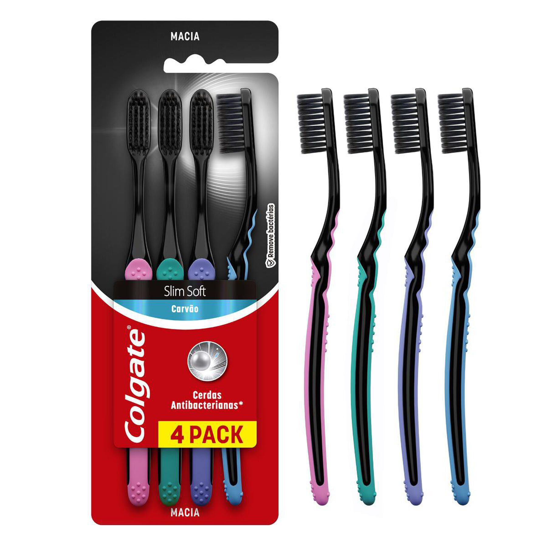 Escova Dental Macia Slim Soft Black Infus&atilde;o de Carv&atilde;o Colgate C/4 Unidades&nbsp;