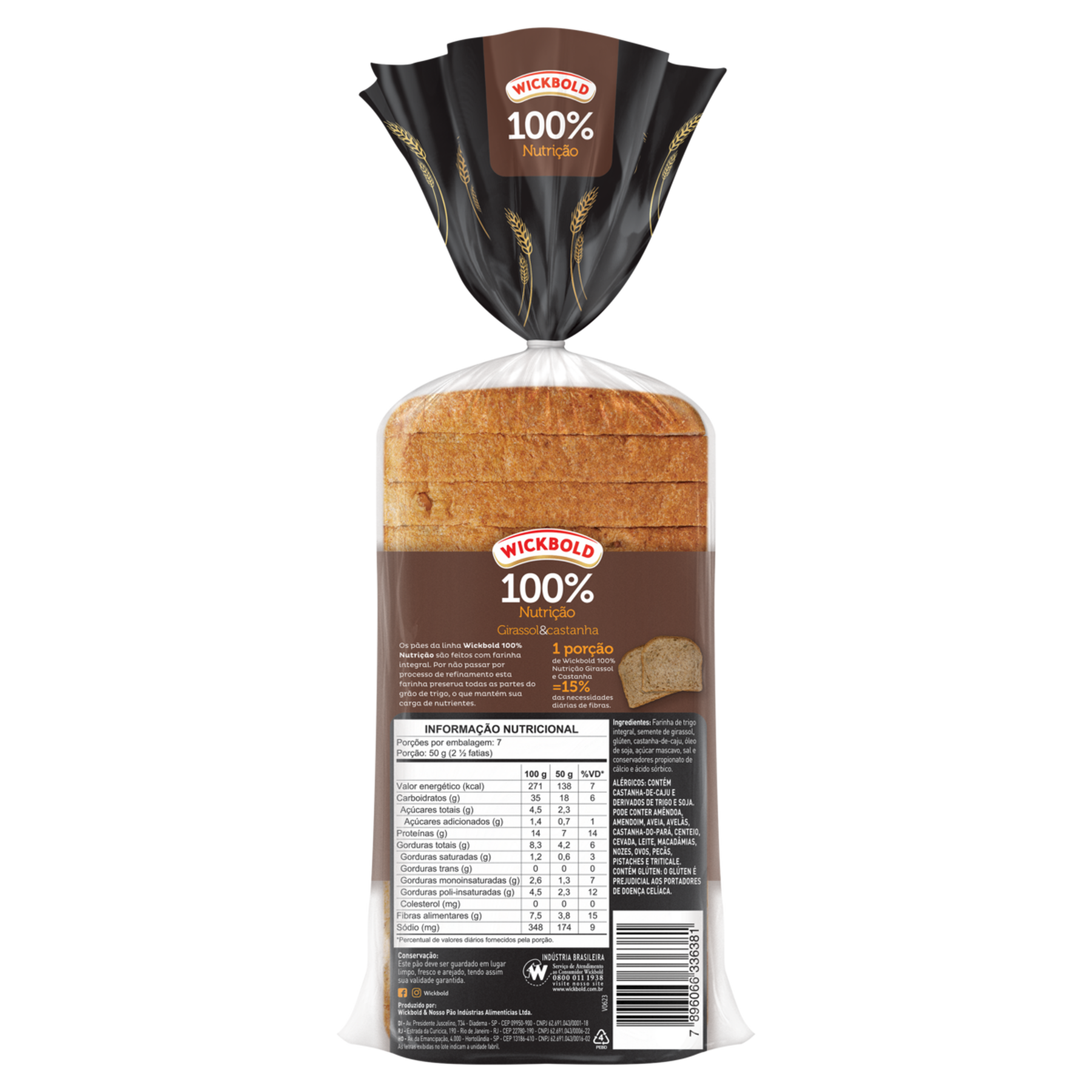 Pão de Forma Integral Girassol e Castanha Wickbold Pacote 400g