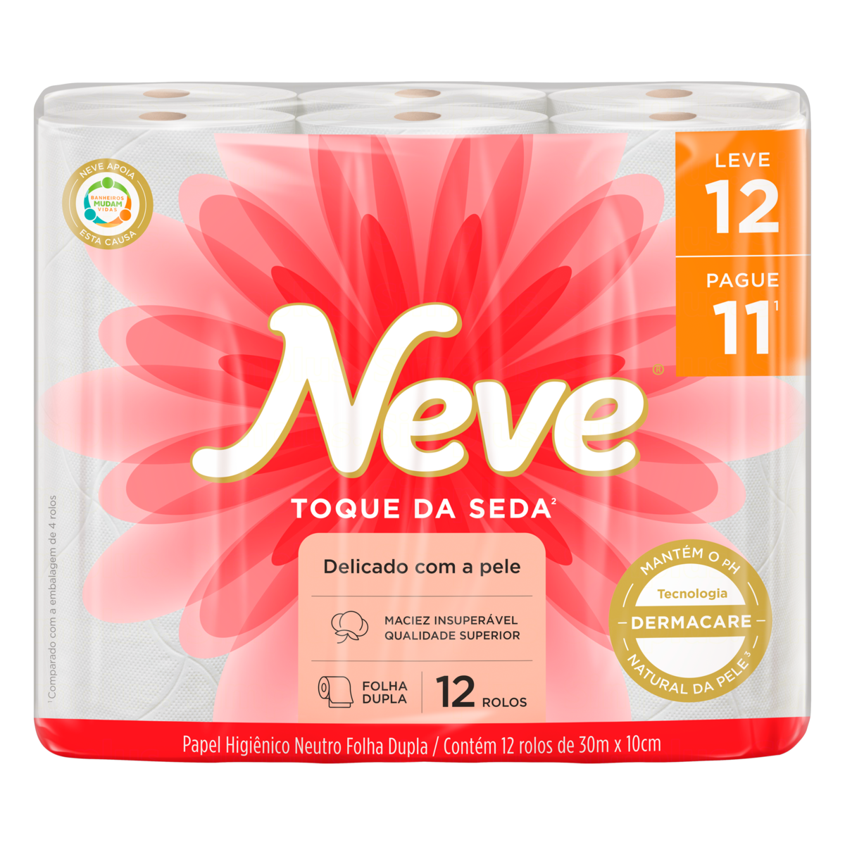 Papel Higi&ecirc;nico Folha Dupla Neutro Neve Toque da Seda 30m Pacote Leve 12 Pague 11 Unidades