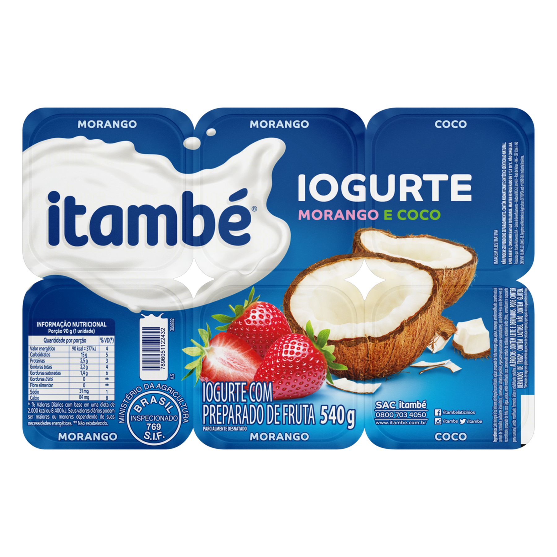 Iogurte Parcialmente Desnatado Morango + Coco Itambé Bandeja 540g 6 Unidades