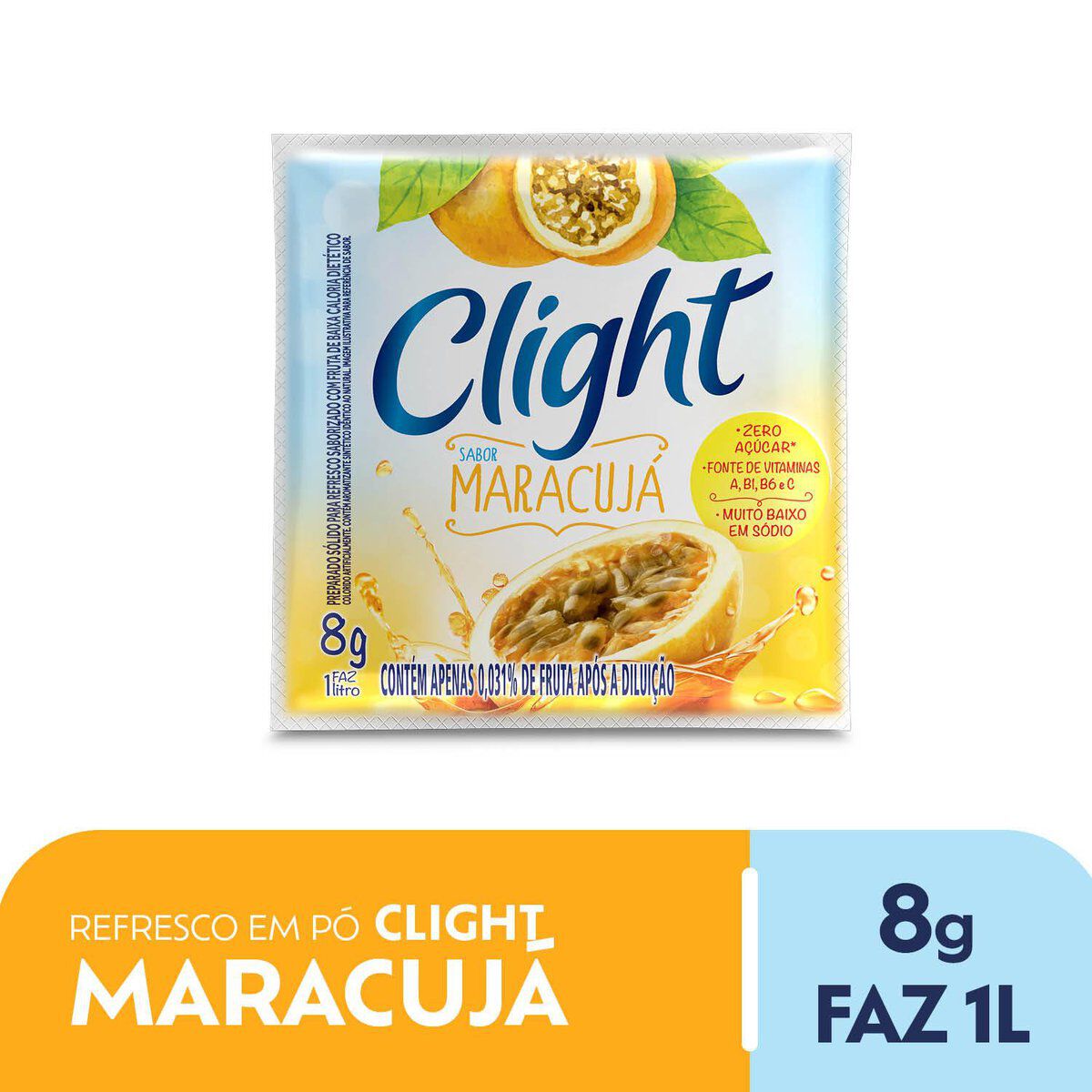 Refresco em P&oacute; Maracuj&aacute; Zero A&ccedil;&uacute;car Clight Pacote 8g