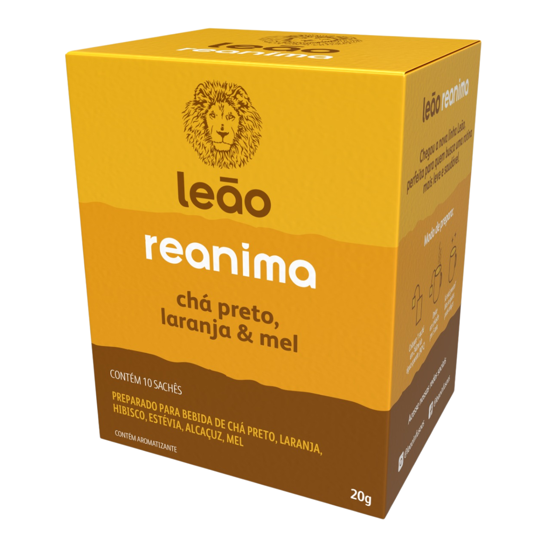 Ch&aacute; Preto Laranja e Mel Le&atilde;o Reanima Caixa 20g 10 Unidades