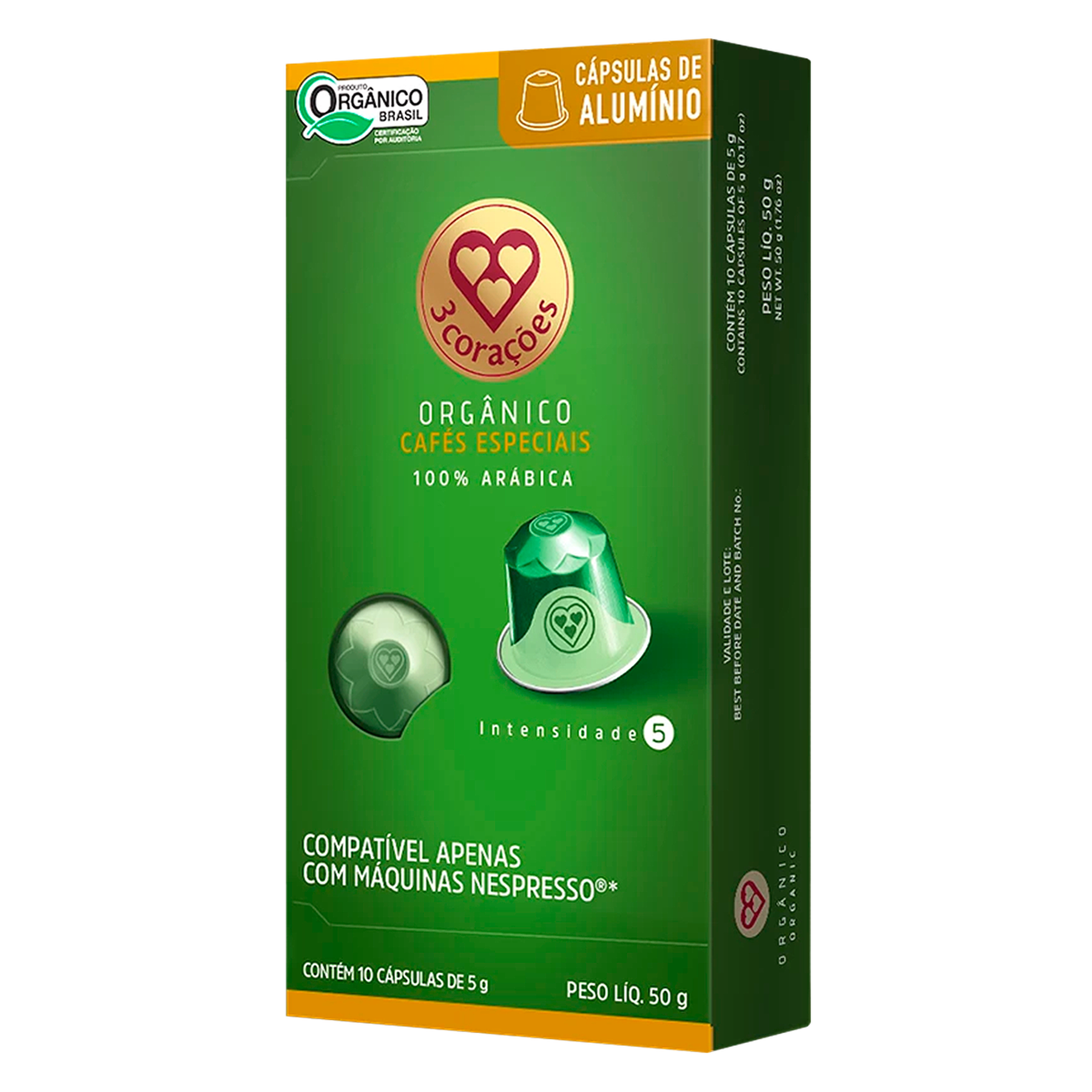 Caf&eacute; em C&aacute;psula Torrado e Mo&iacute;do Org&acirc;nico 3 Cora&ccedil;&otilde;es Caixa 50g C/10 Unidades
