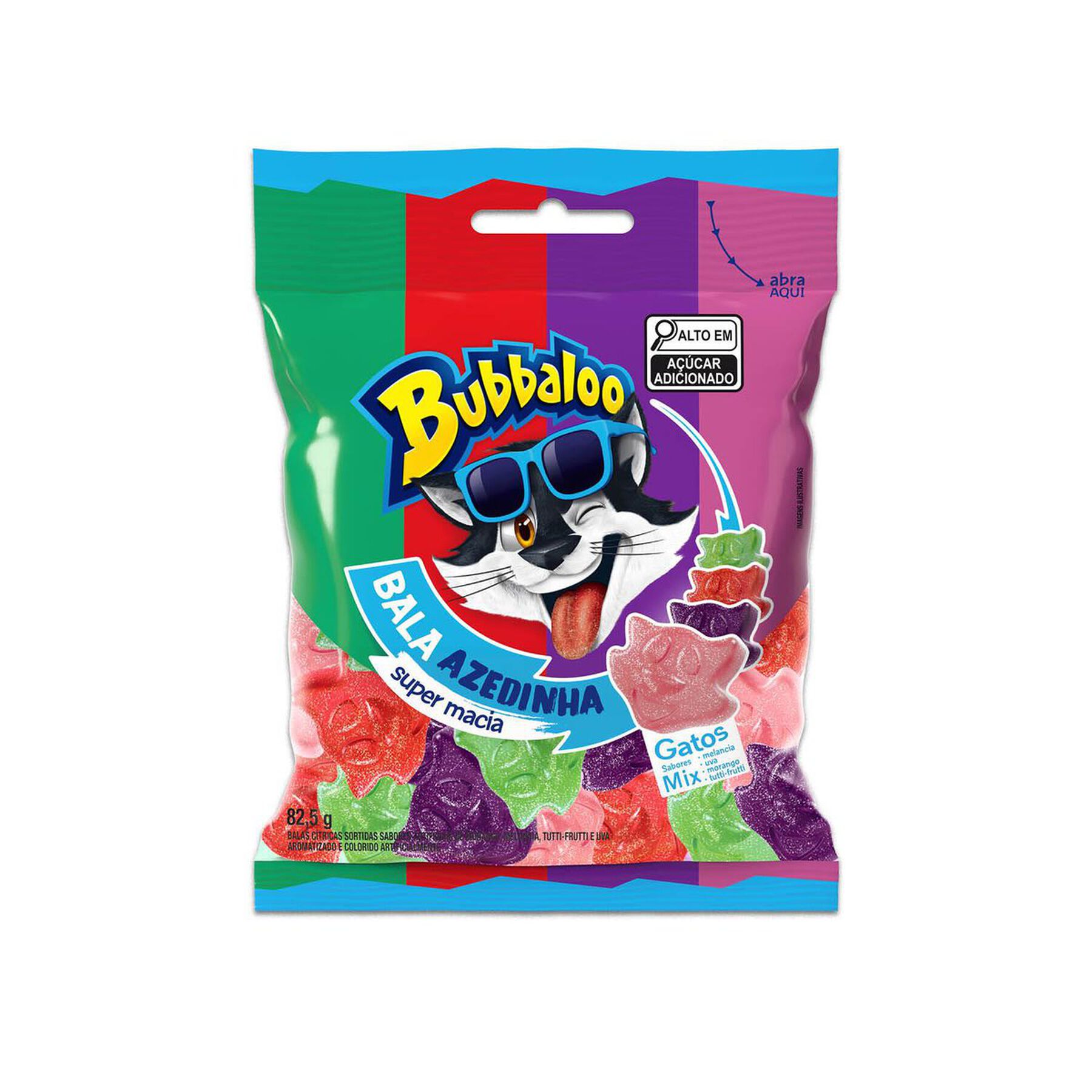 Bala Azedinha Sortida Gatos Bubbaloo Pacote 82,5g