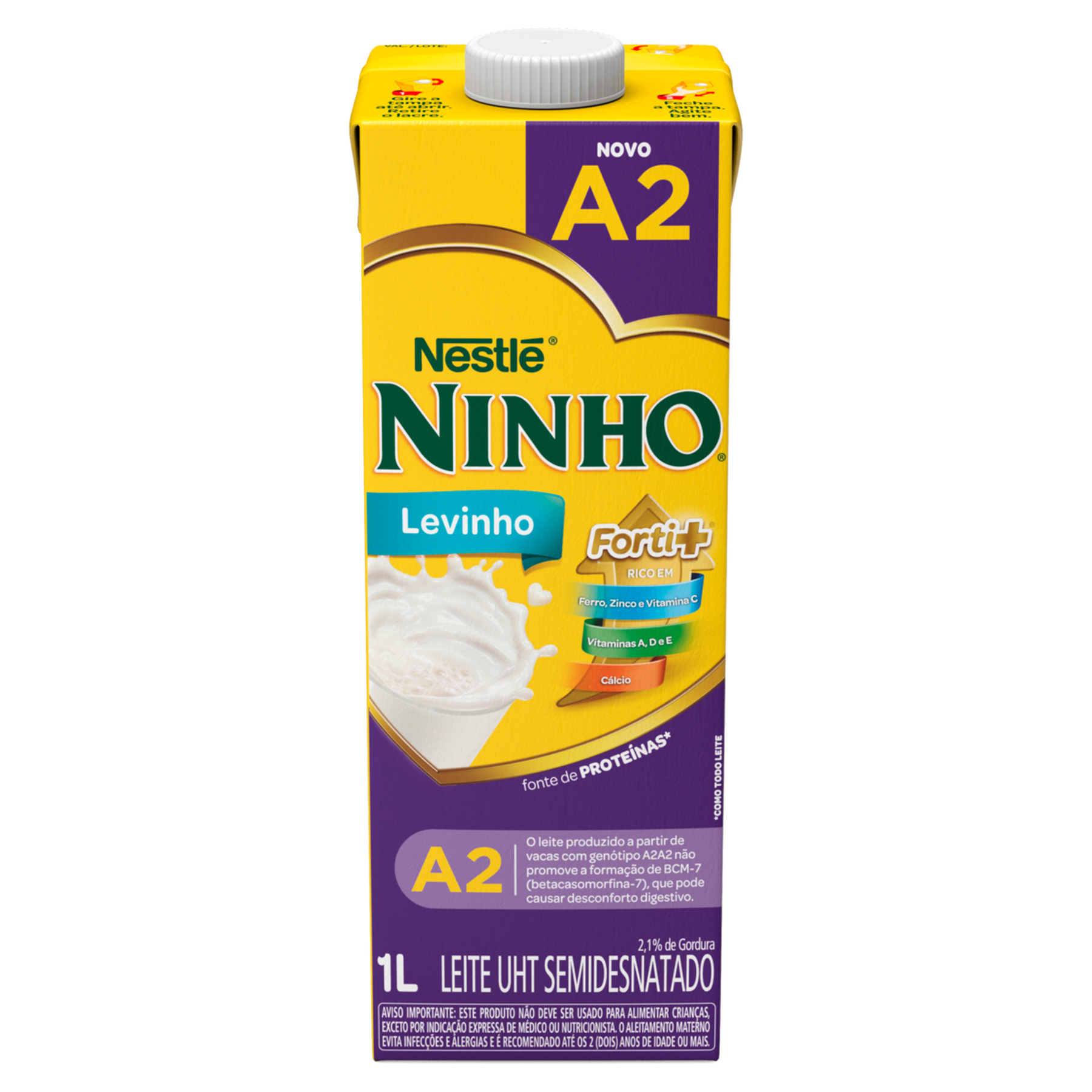 Leite UHT Semidesnatado Levinho A2 Ninho Forti+ Nestlé  Caixa com Tampa 1l