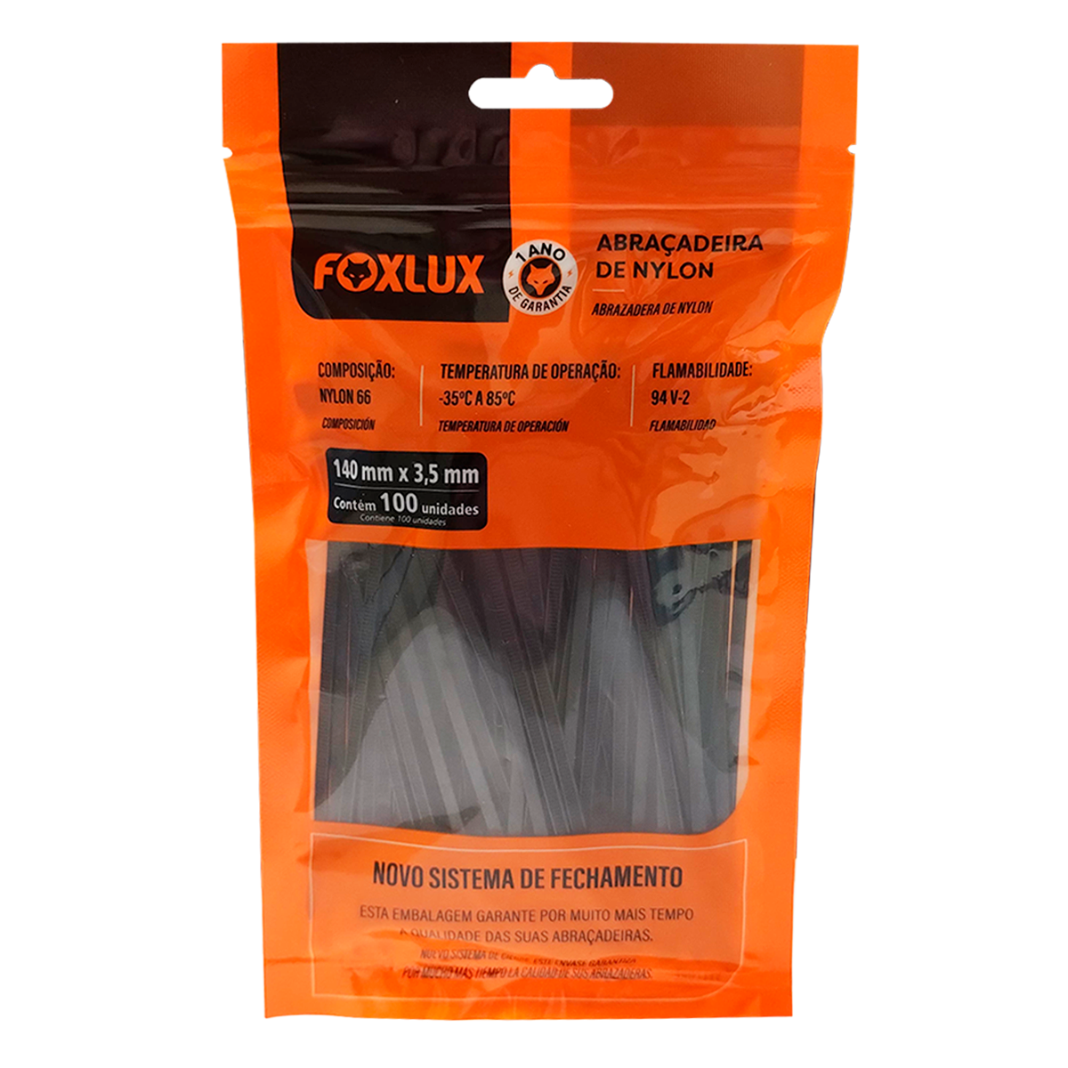 Abra&ccedil;adeira de Nylon Preta Foxlux 140x3,5mm Pacote C/100 Unidades