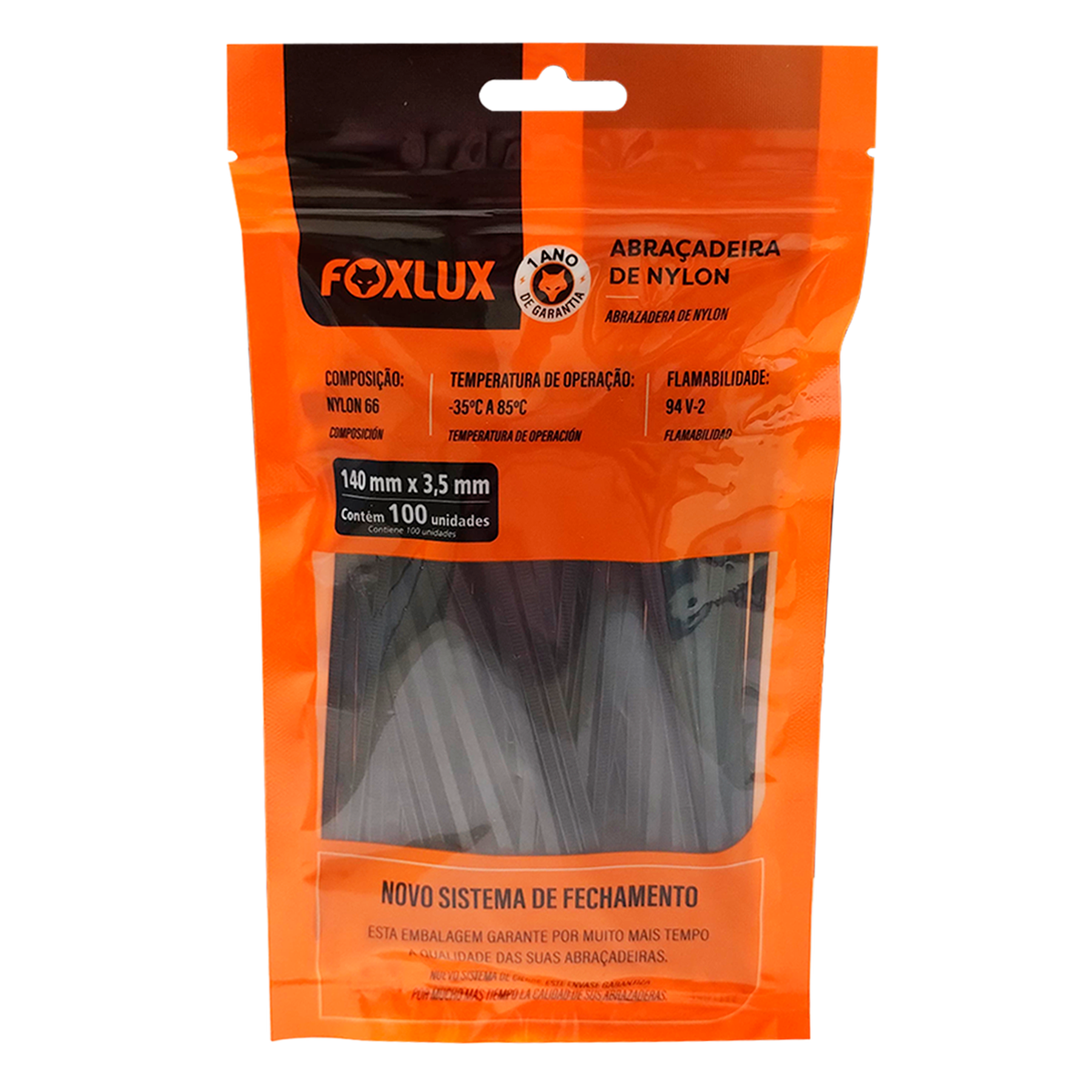 Abra&ccedil;adeira de Nylon Preta Foxlux 140x3,5mm Pacote C/100 Unidades