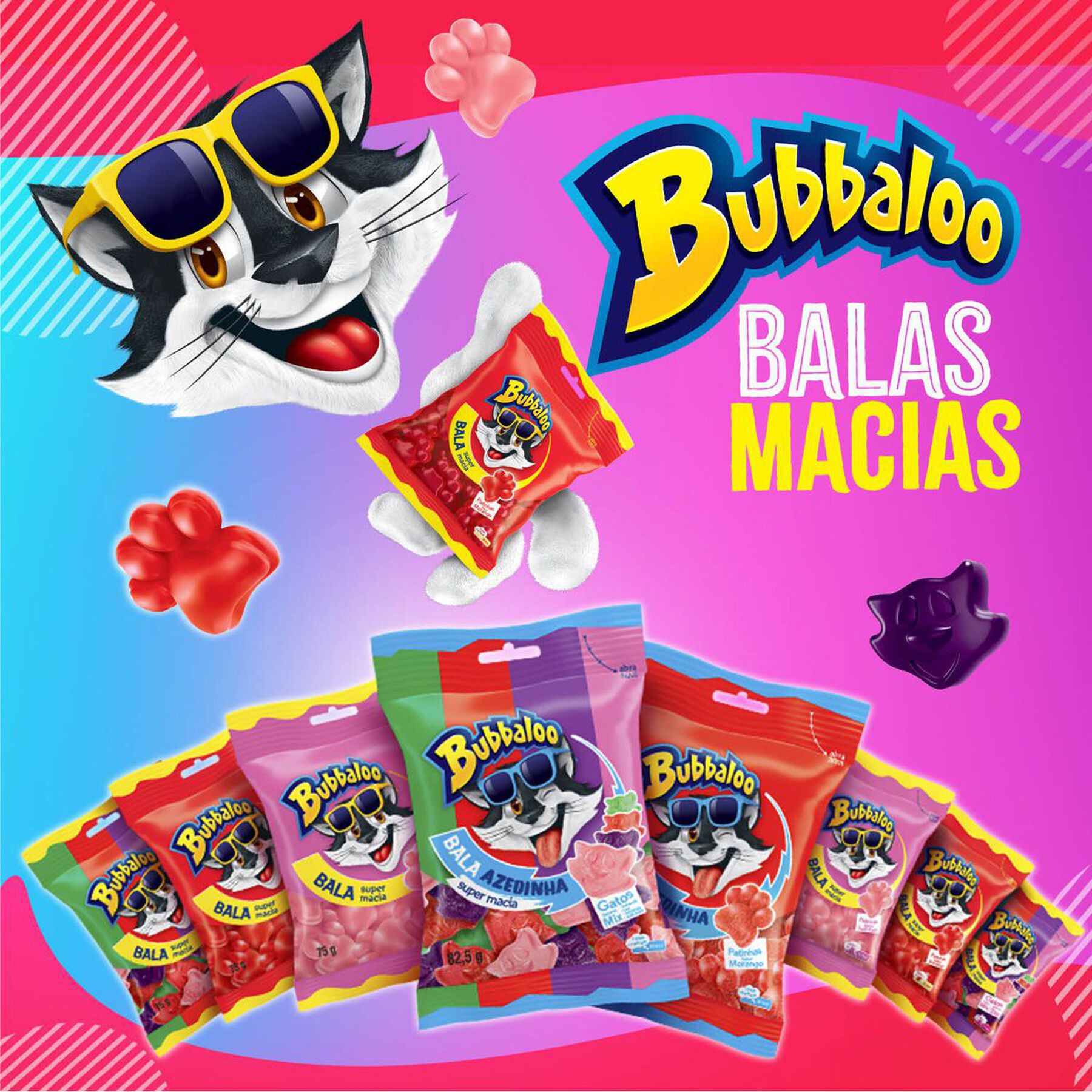 Bala Azedinha Sortida Gatos Bubbaloo Pacote 82,5g