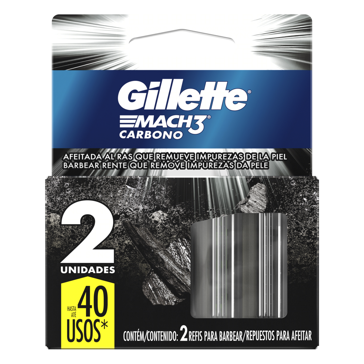 Carga de Aparelho para Barbear Mach3 Carbono Gillette C/2 Unidades