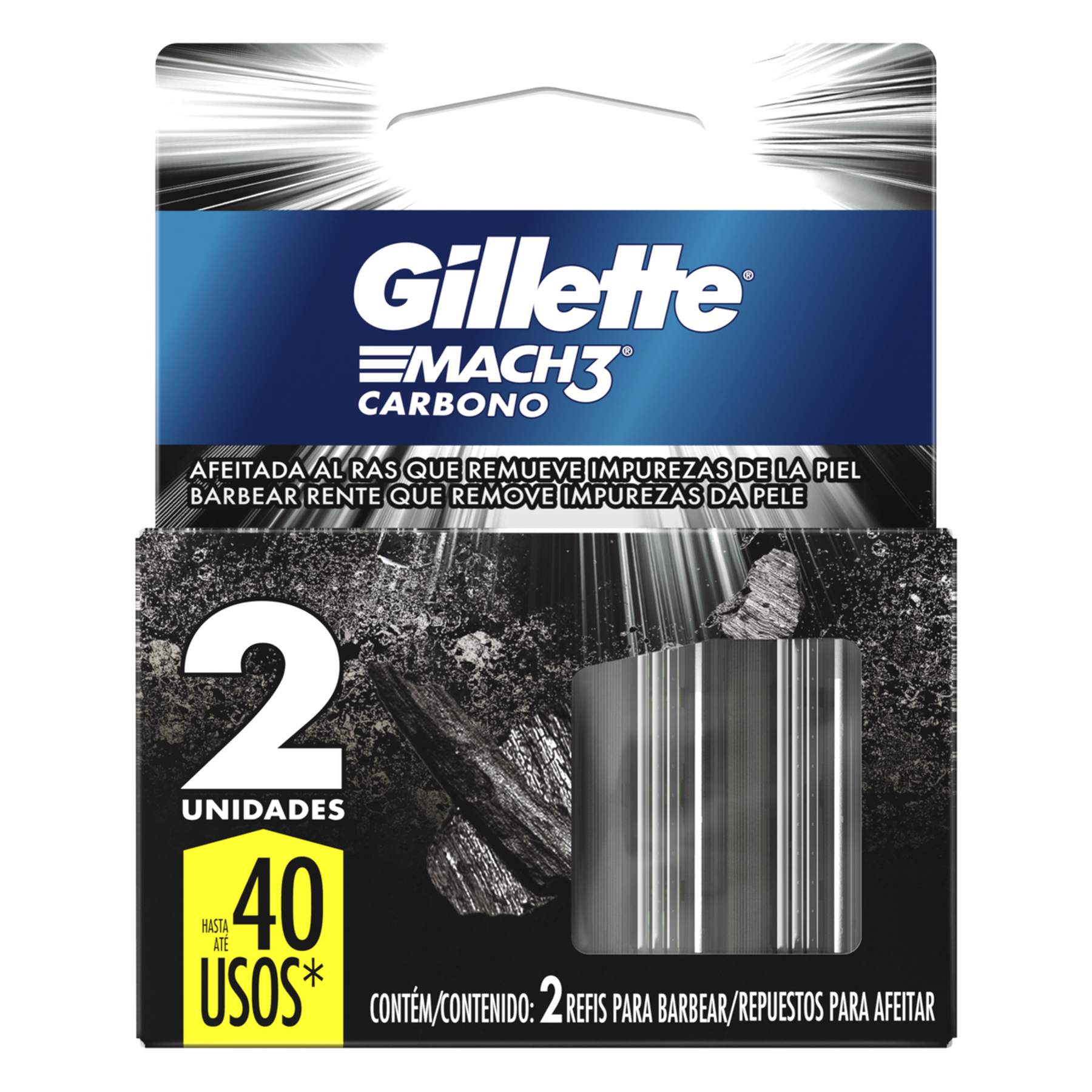 Carga de Aparelho para Barbear Mach3 Carbono Gillette C/2 Unidades