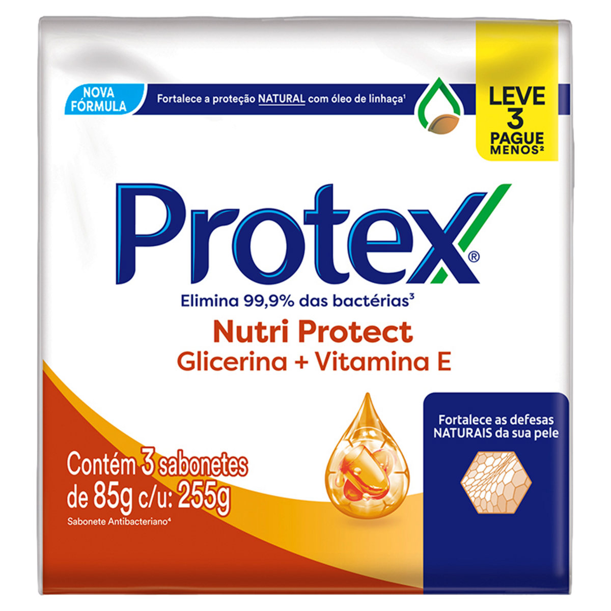 Pack Sabonete Barra Antibacteriano Nutri Protect Glicerina + Vitamina E Protex Envolt&oacute;rio 255g C/3 Unidades Leve Mais Pague Menos