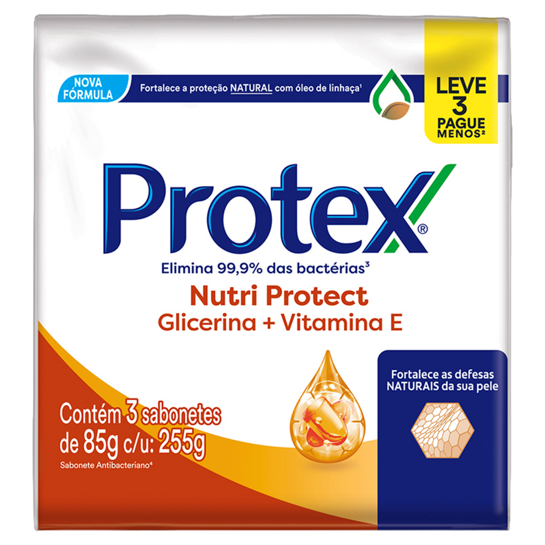 Pack Sabonete Barra Antibacteriano Nutri Protect Glicerina + Vitamina E Protex Envolt&oacute;rio 255g C/3 Unidades Leve Mais Pague Menos