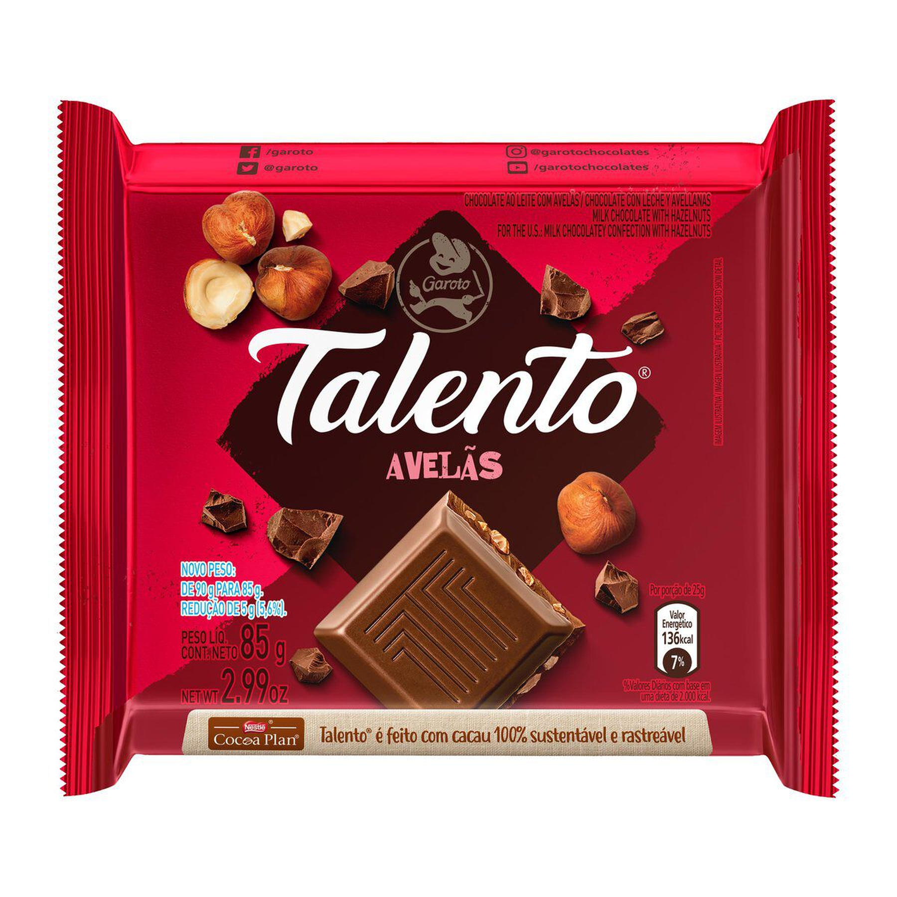 Chocolate ao Leite com Avel&atilde;s Garoto Talento Pacote 85g&nbsp;