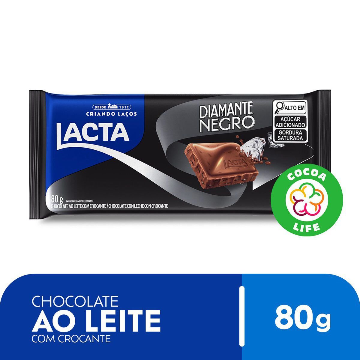 Barra de Chocolate ao Leite Diamante Negro Lacta Pacote 80g
