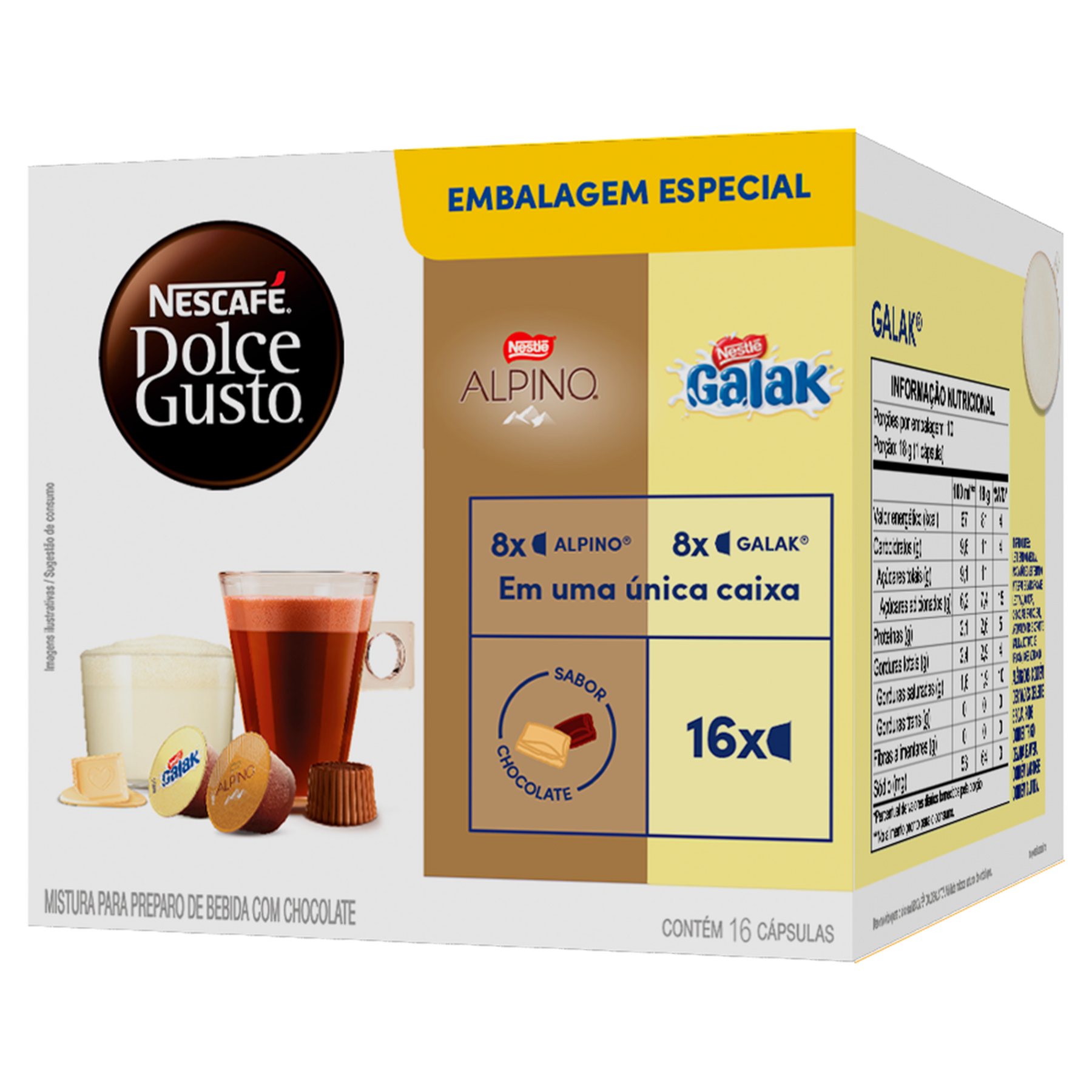 Composto L&aacute;cteo Galak e Chococino Alpino  em C&aacute;psula Nescaf&eacute; Dolce Gusto Caixa 286,4g C/16 Unidades