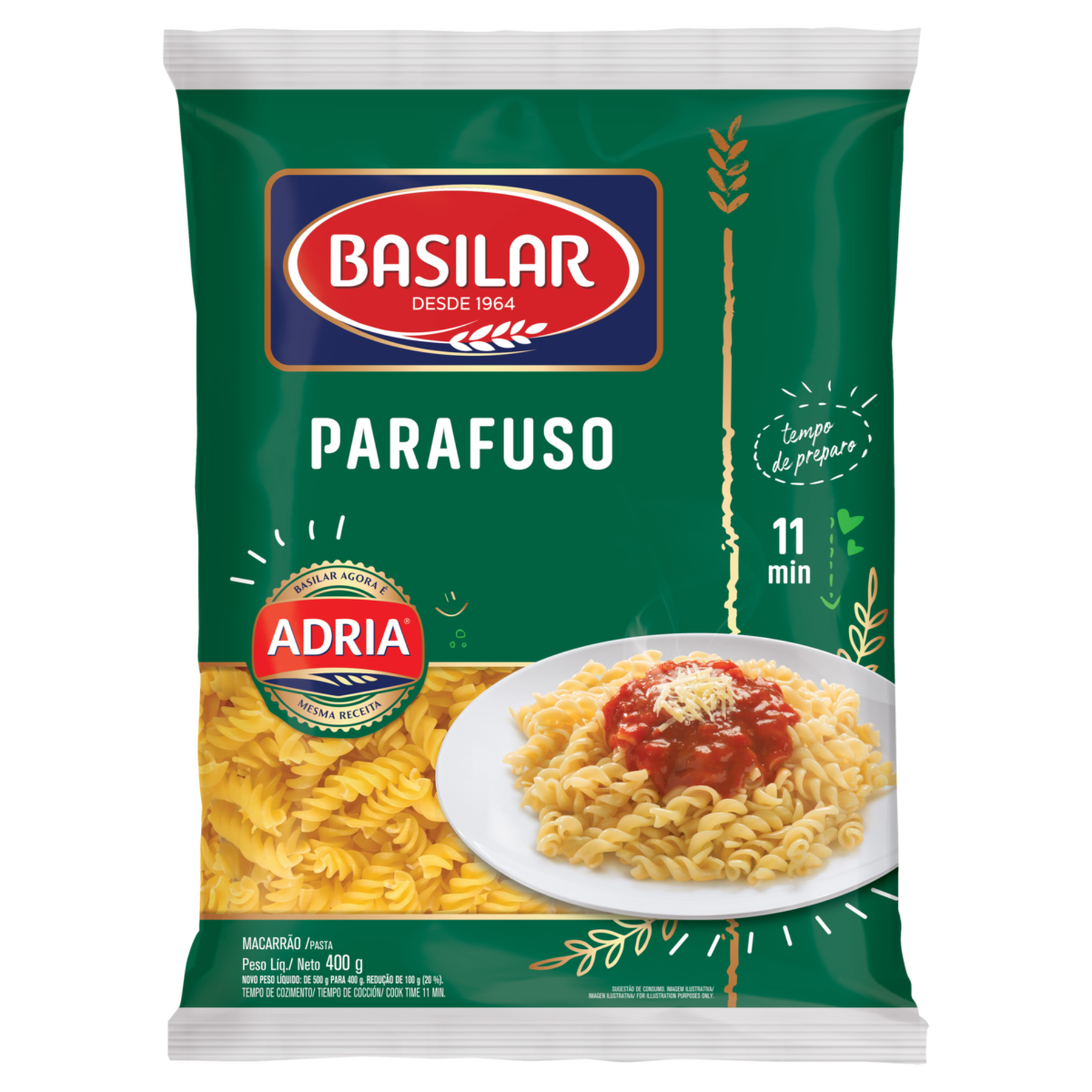 Macarrão de Sêmola Parafuso Basilar Pacote 400g