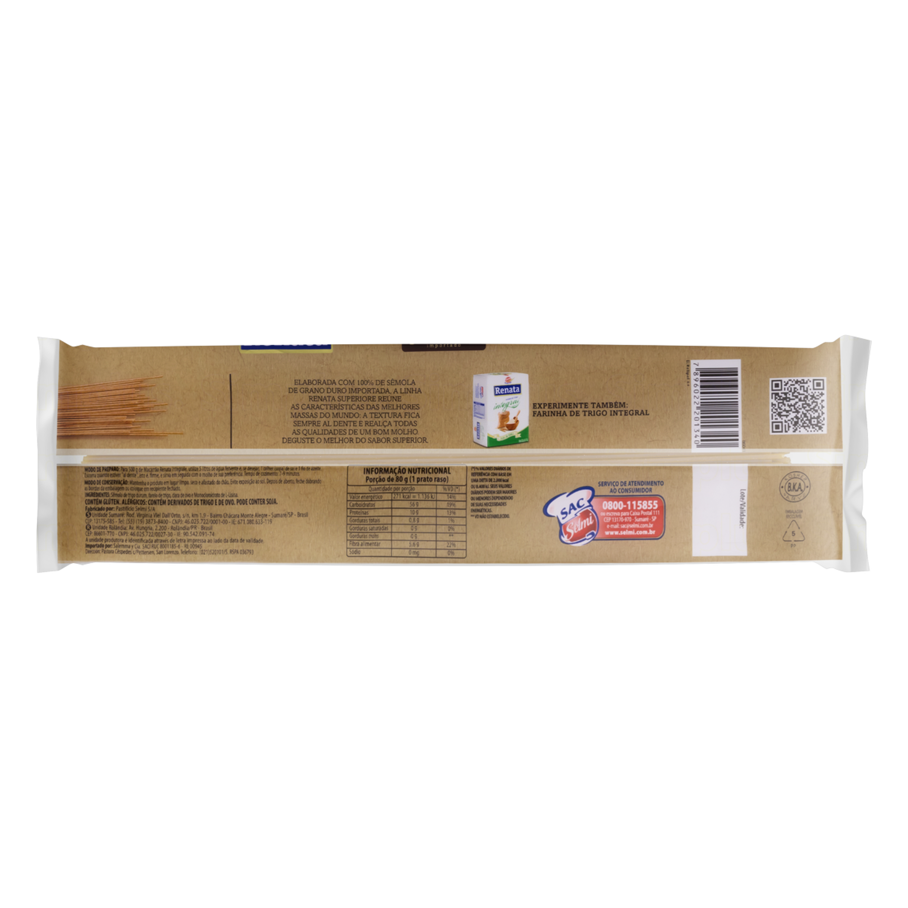 Macarrão de Sêmola de Trigo Grano Duro Integral Espaguete 8 Renata Superiore Pacote 500g
